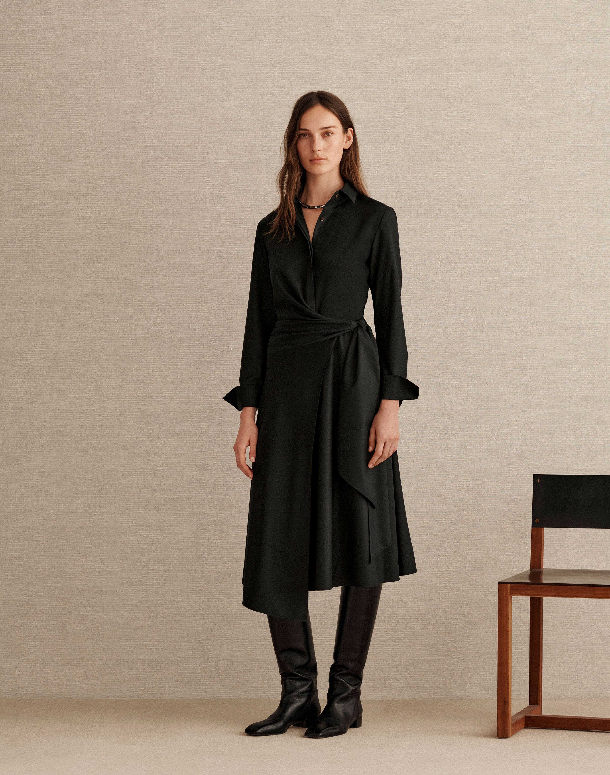 Brushed Wool Wrap Shirtdress