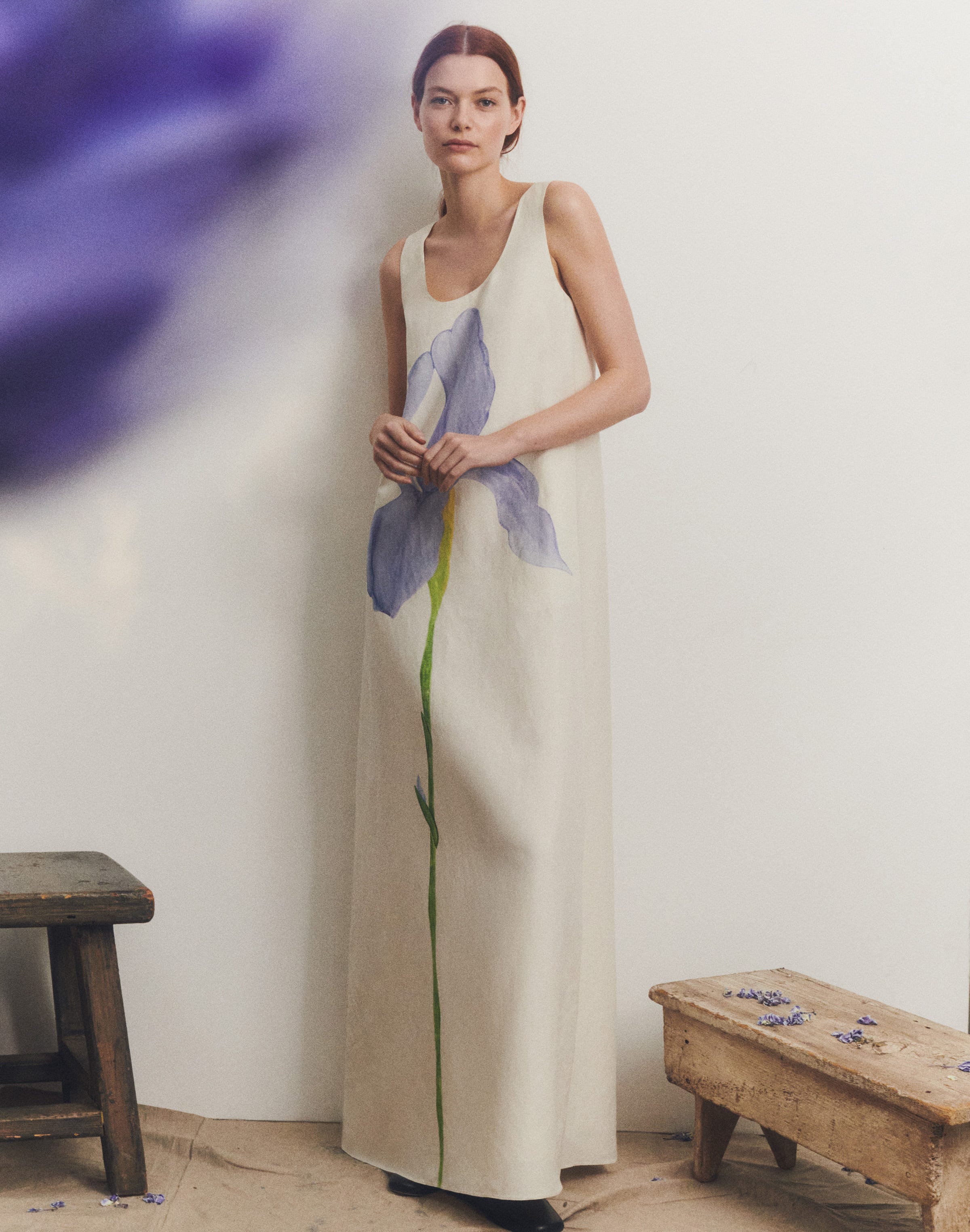 Iris Print Silk-Linen Gown