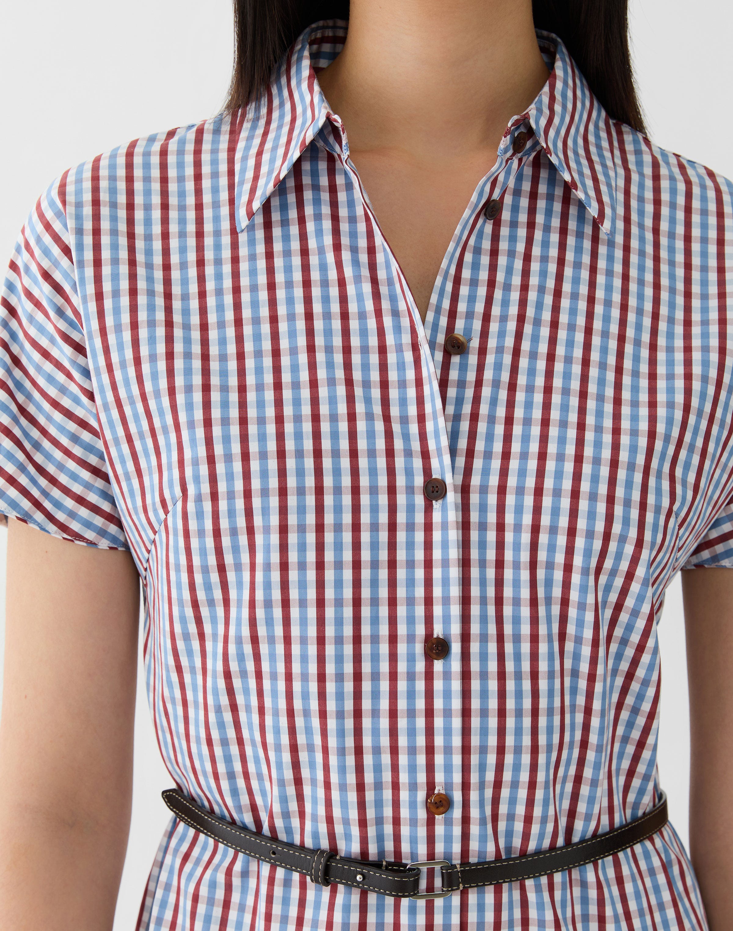 Gingham Cotton Belted Pleated Shirtdress