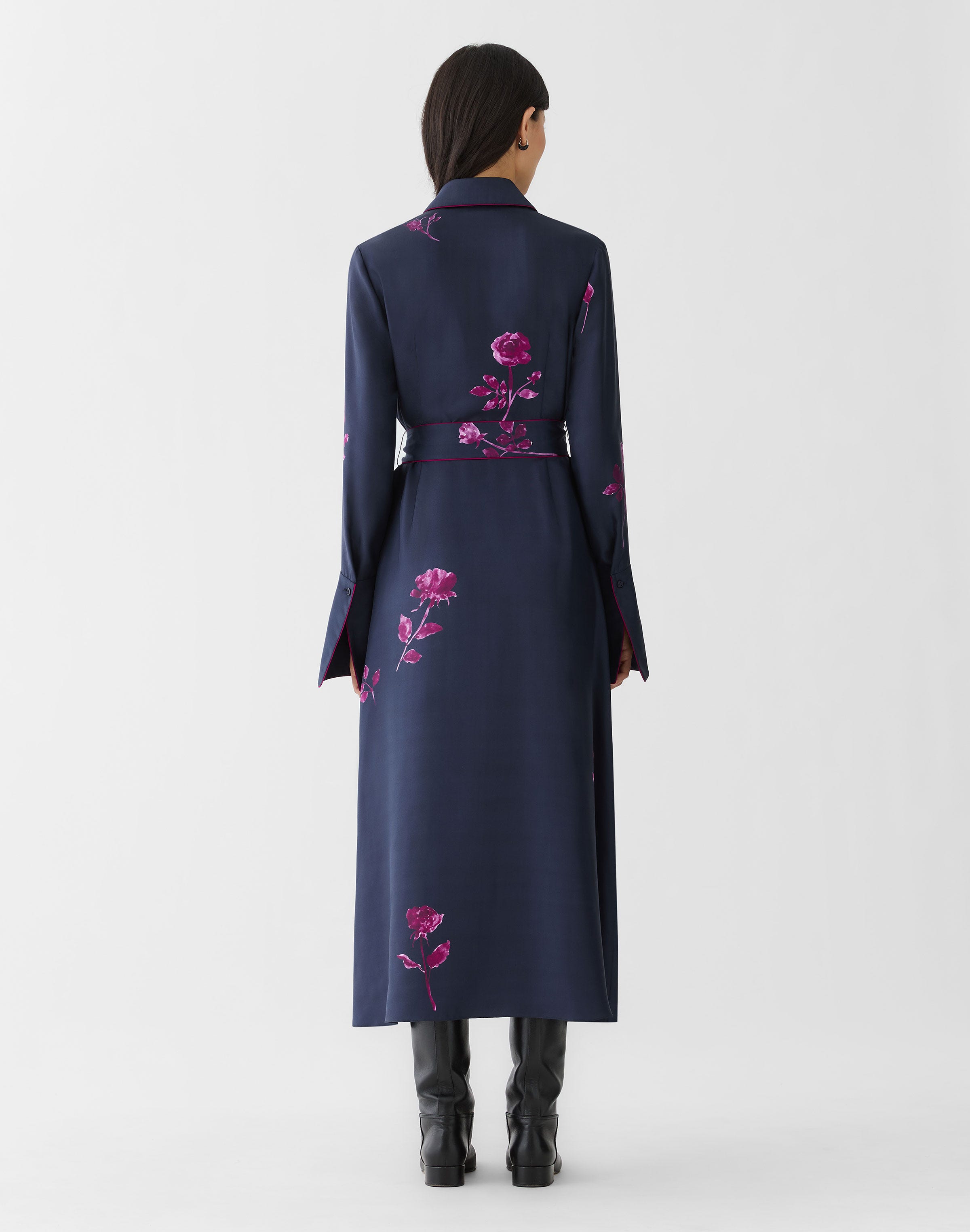 Petite Rose Print SilkTwill Belted Shirtdress