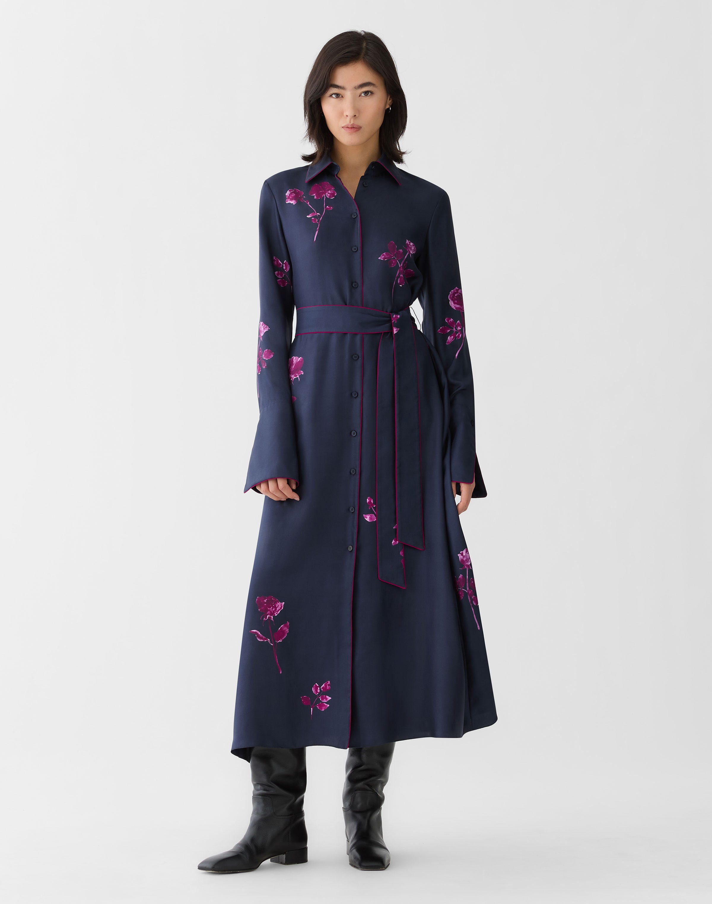 Petite Rose Print SilkTwill Belted Shirtdress