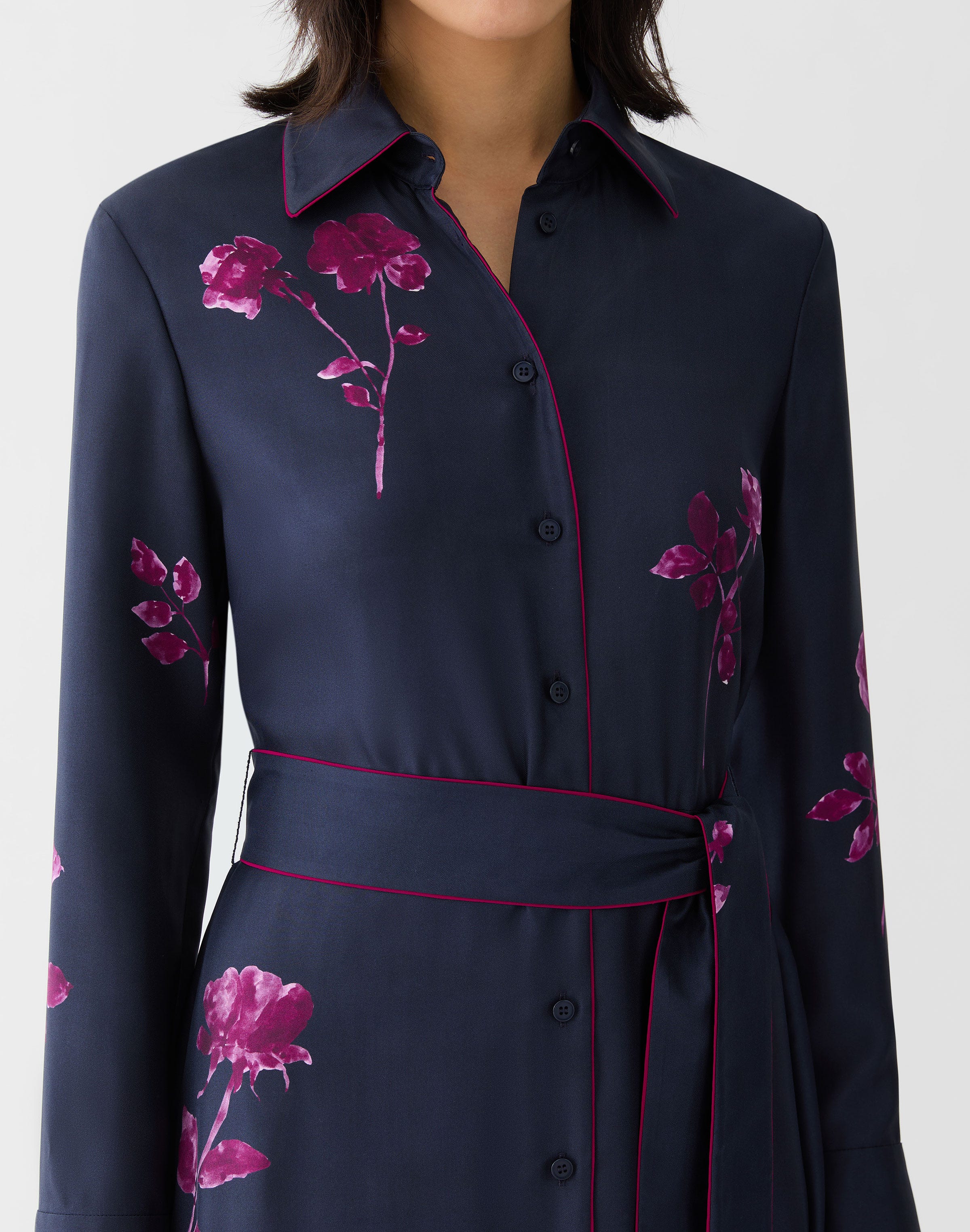 Petite Rose Print SilkTwill Belted Shirtdress