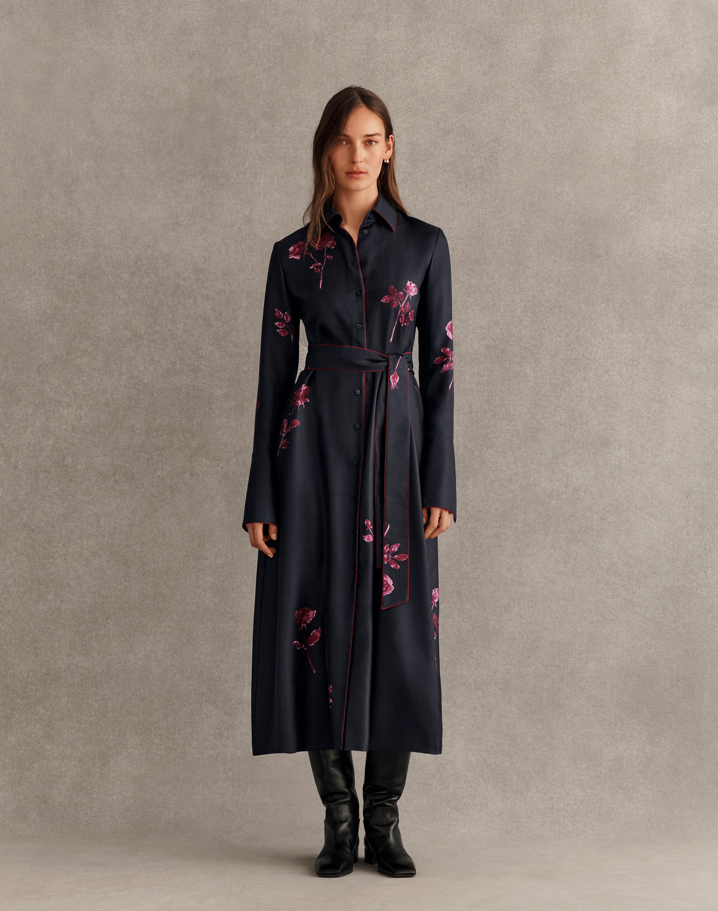 Petite Rose Print SilkTwill Belted Shirtdress