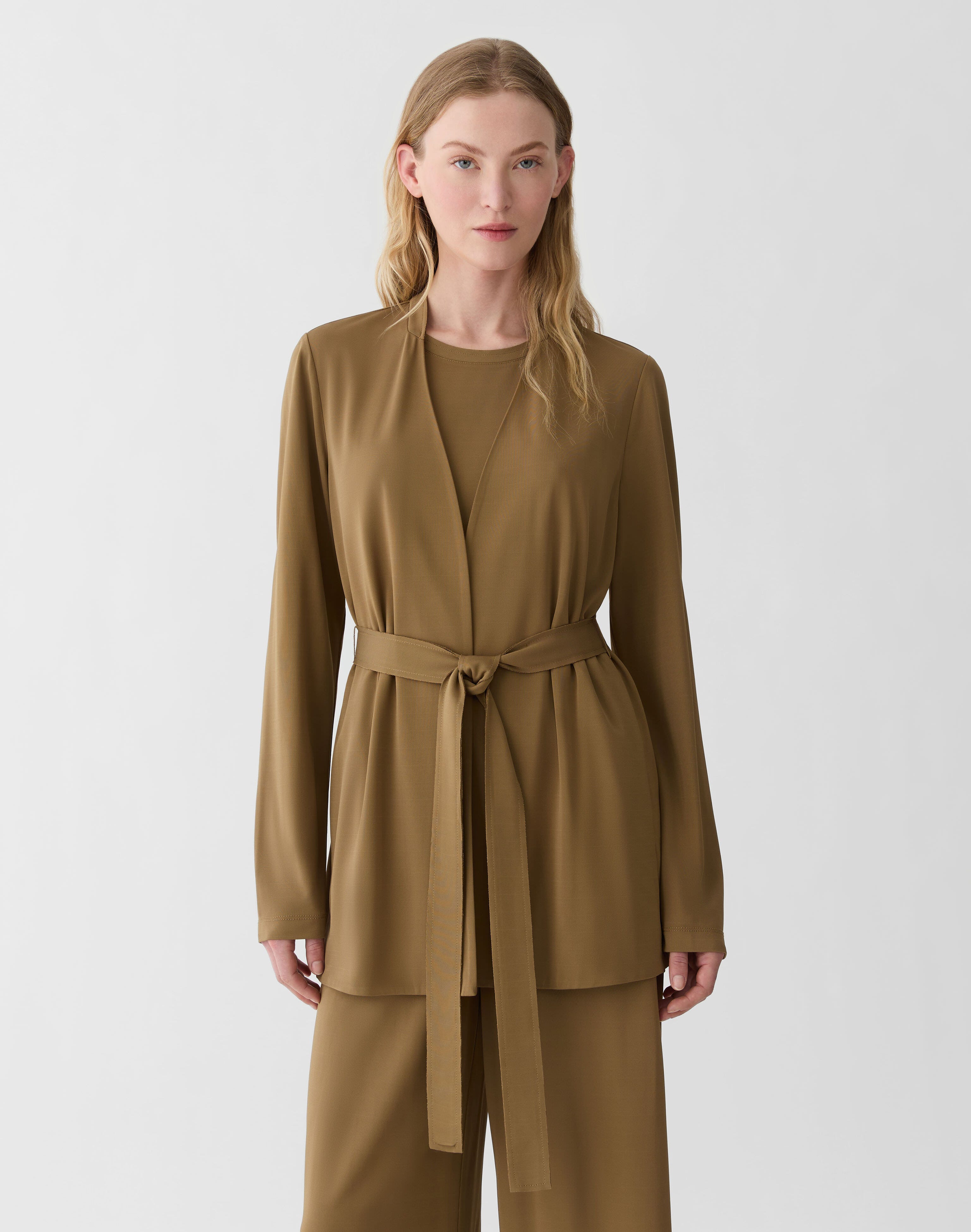 Plus-Size Matte Jersey V-Neck Belted Jacket 
