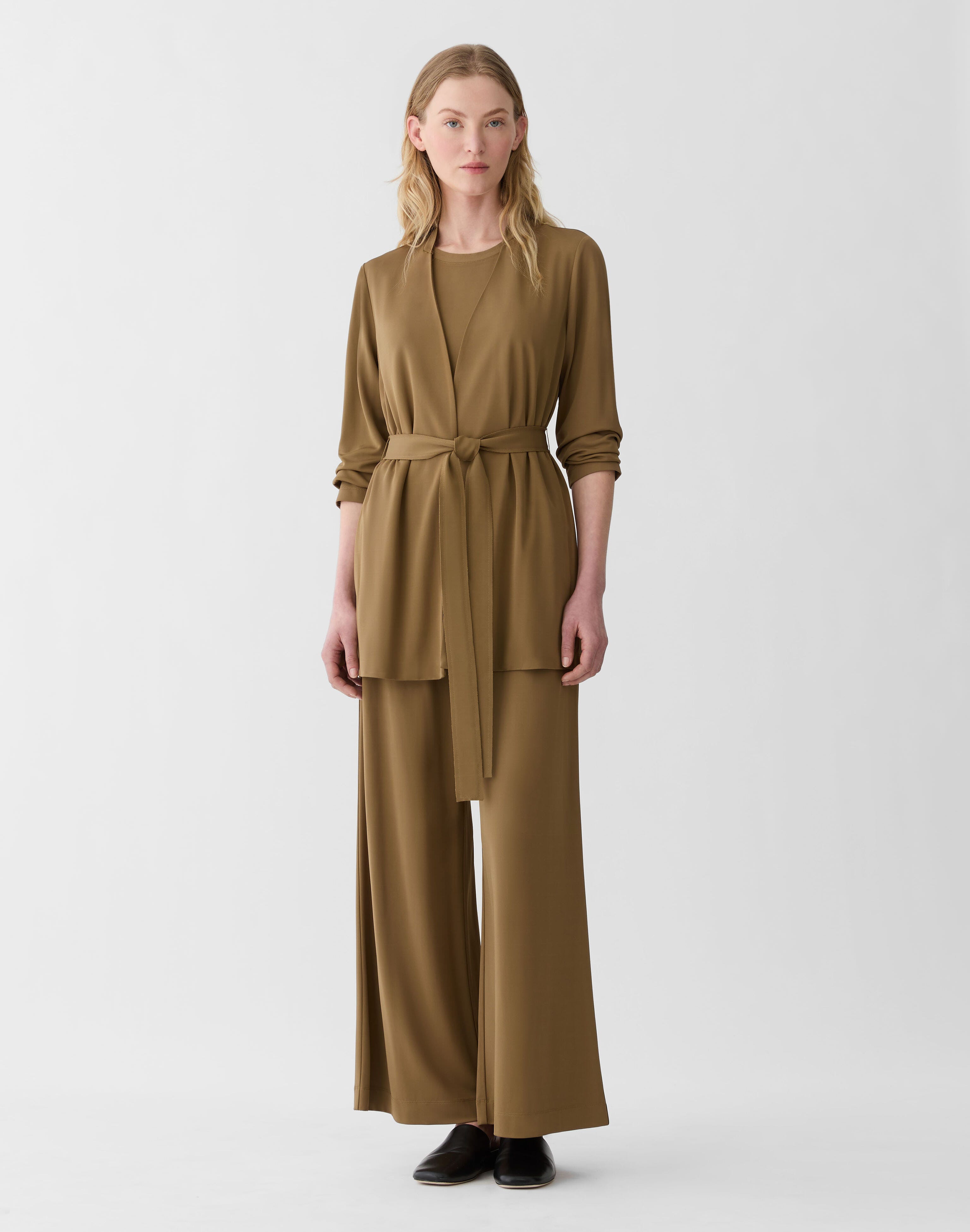 Plus-Size Matte Jersey V-Neck Belted Jacket 