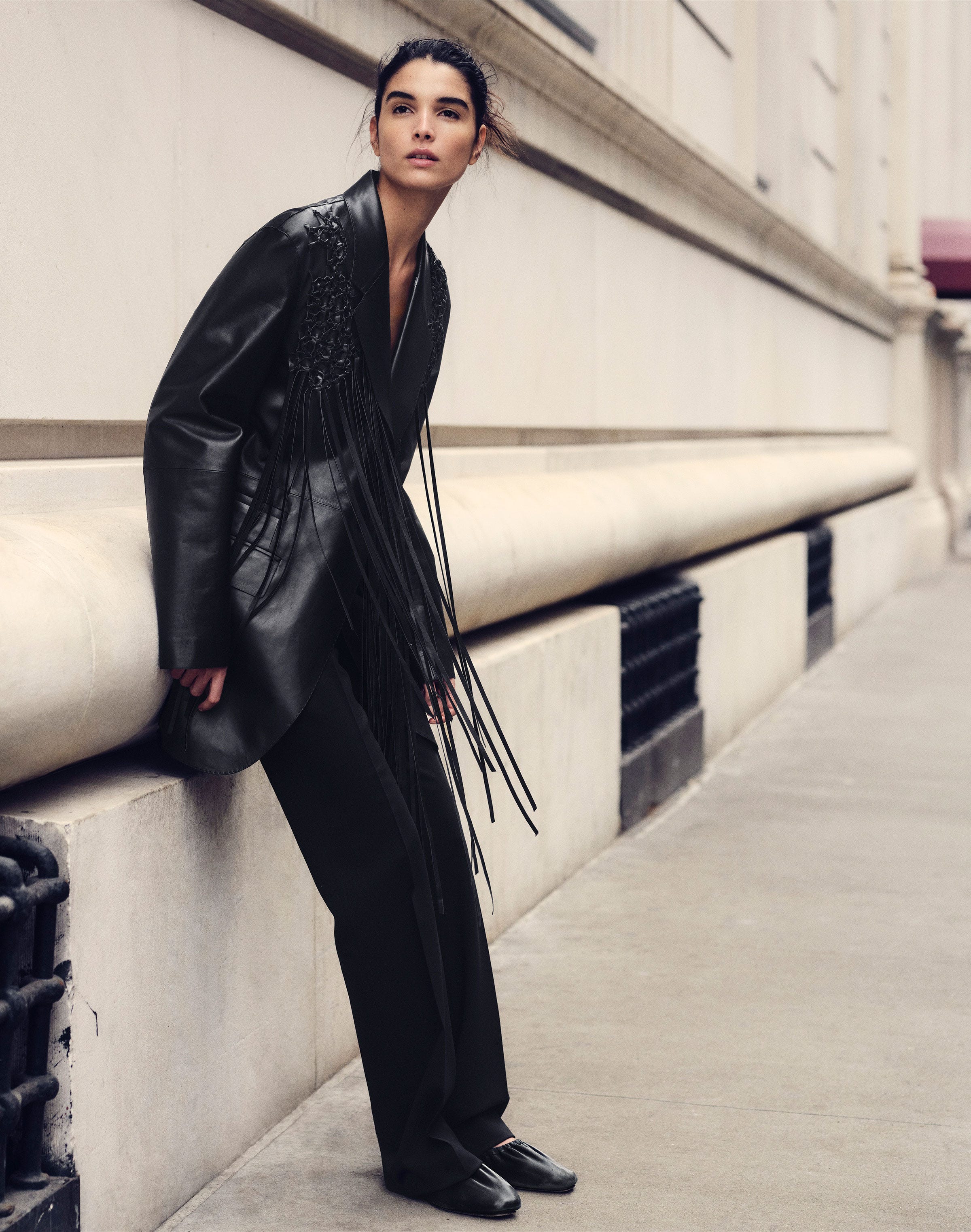 Leather Macramé Fringe Blazer and Stretch Wool Reade Pant