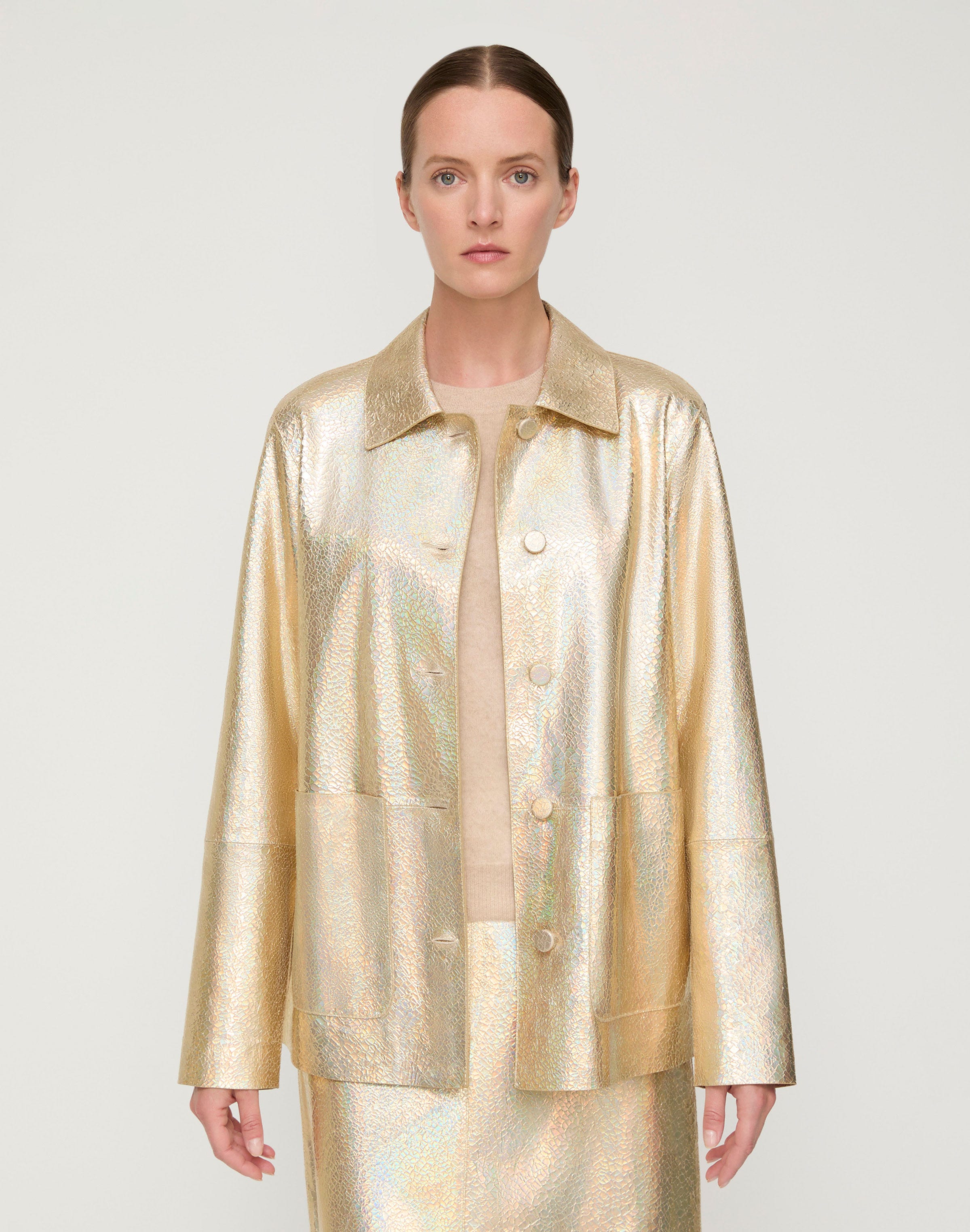 Iridescent Crackle Suede Patch Pocket Shirt Jacket