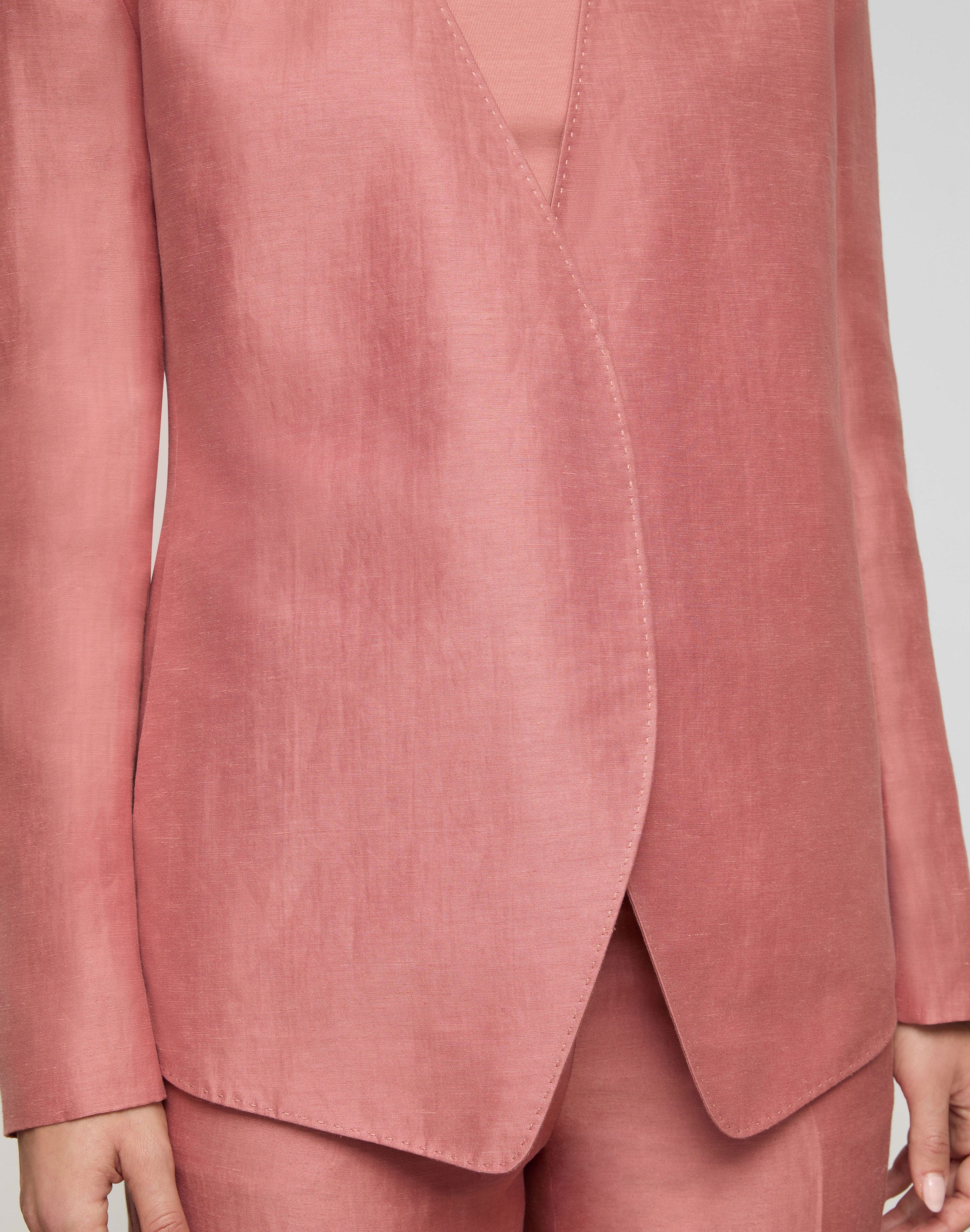 Linen-Viscose Open Front Collarless Blazer