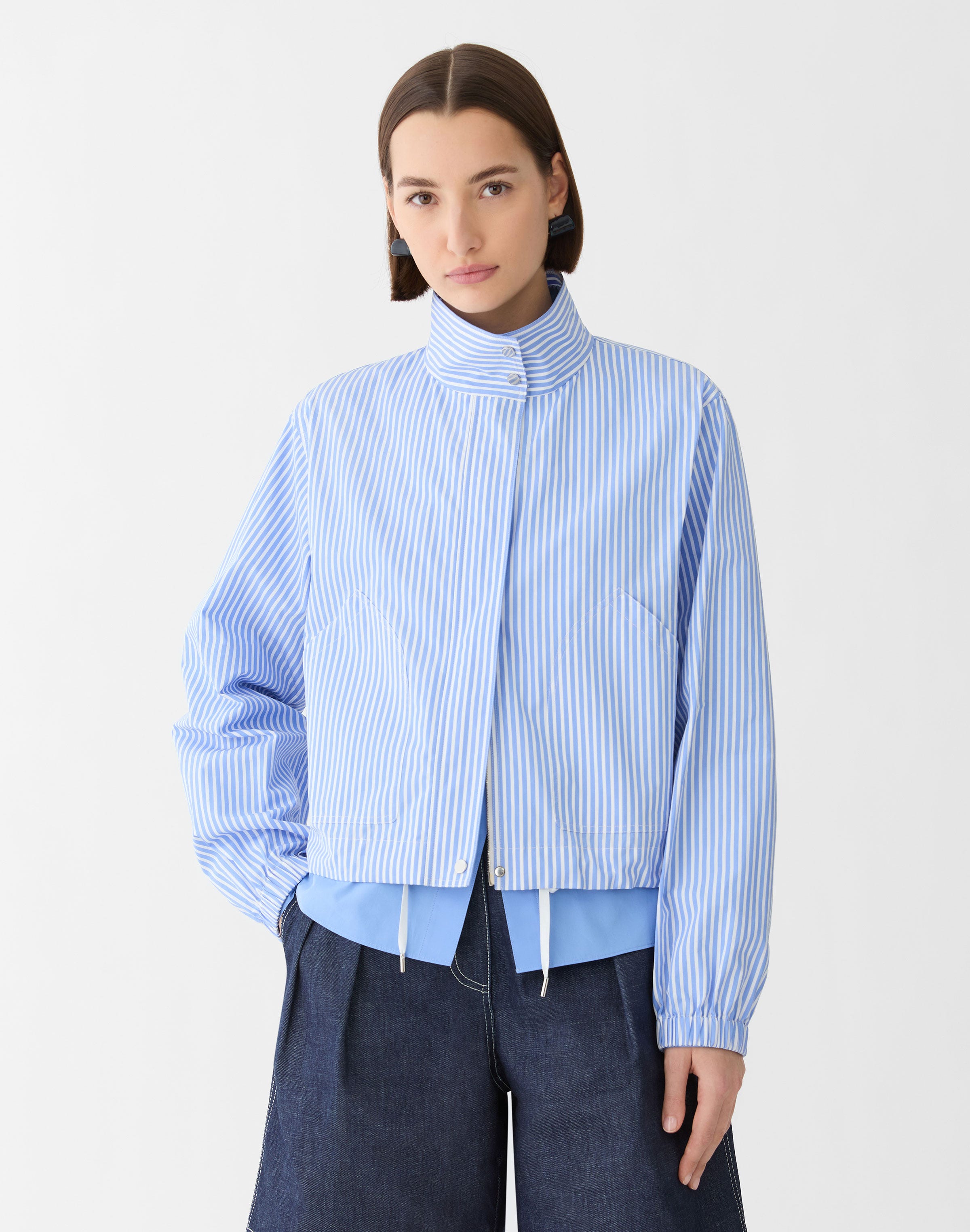 Striped Cotton Zip Front Bomber Jacket