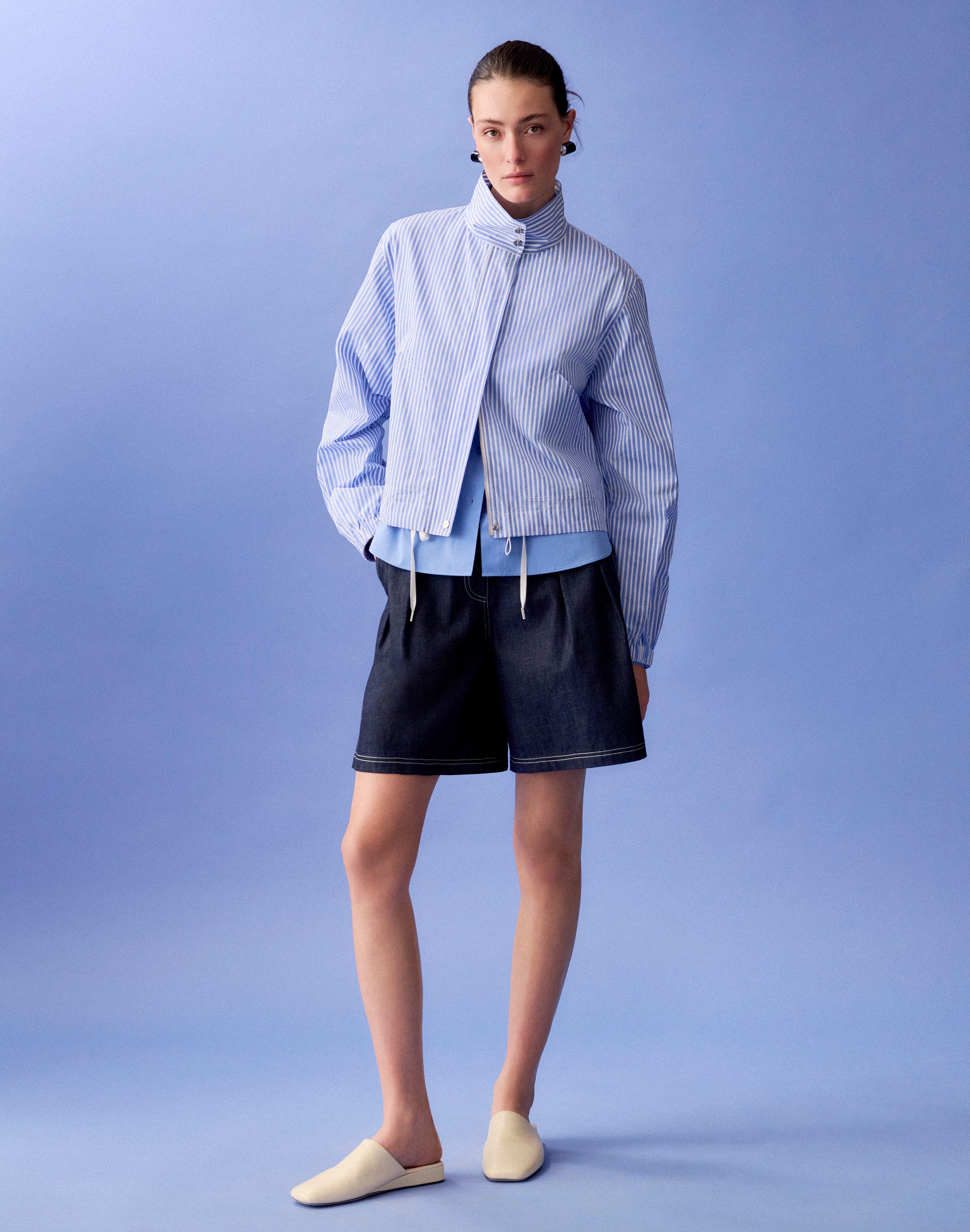 Striped Cotton Zip Front Bomber Jacket