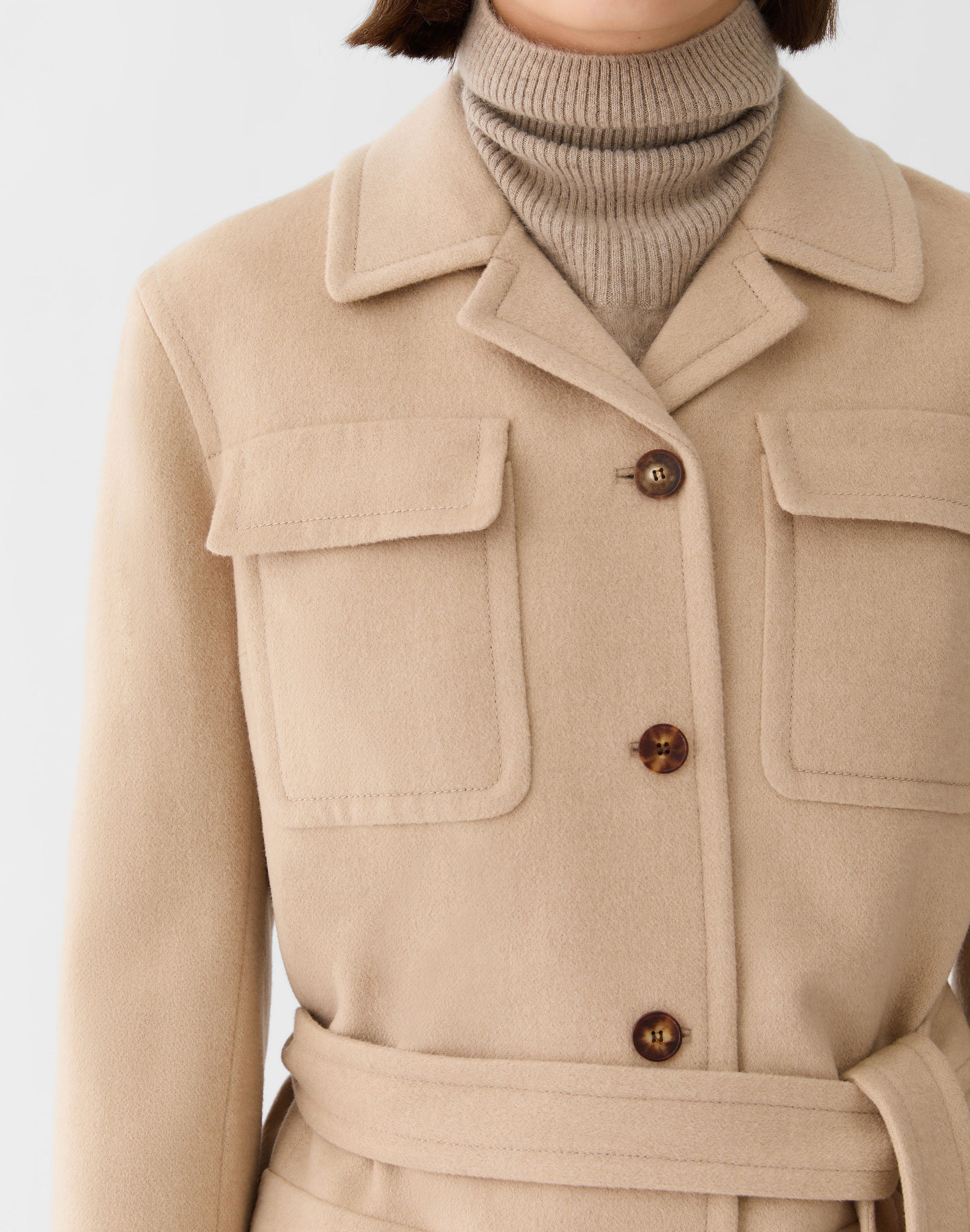 Camel Hair Flap Pocket Belted Jacket