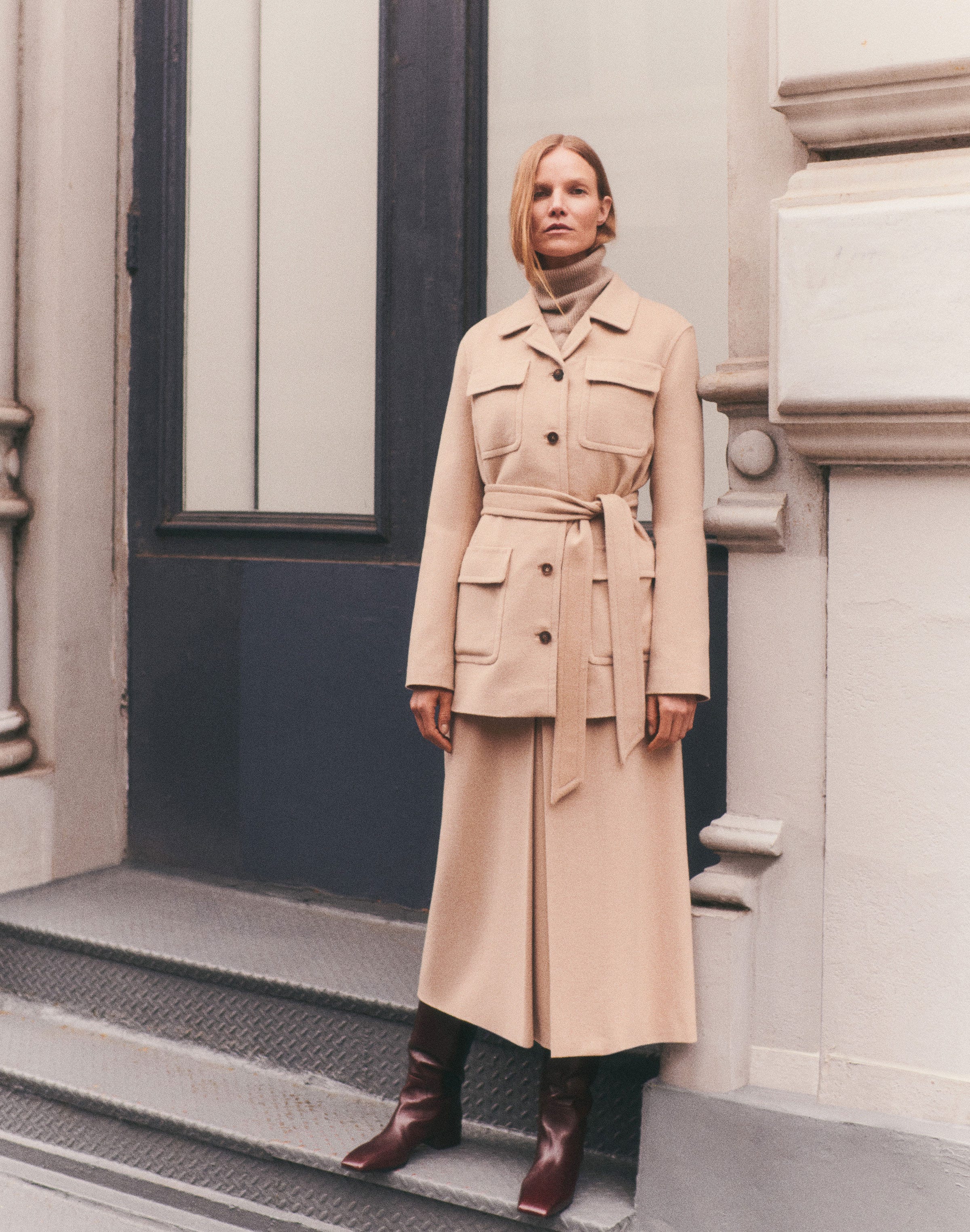 Camel Hair Flap Pocket Belted Jacket