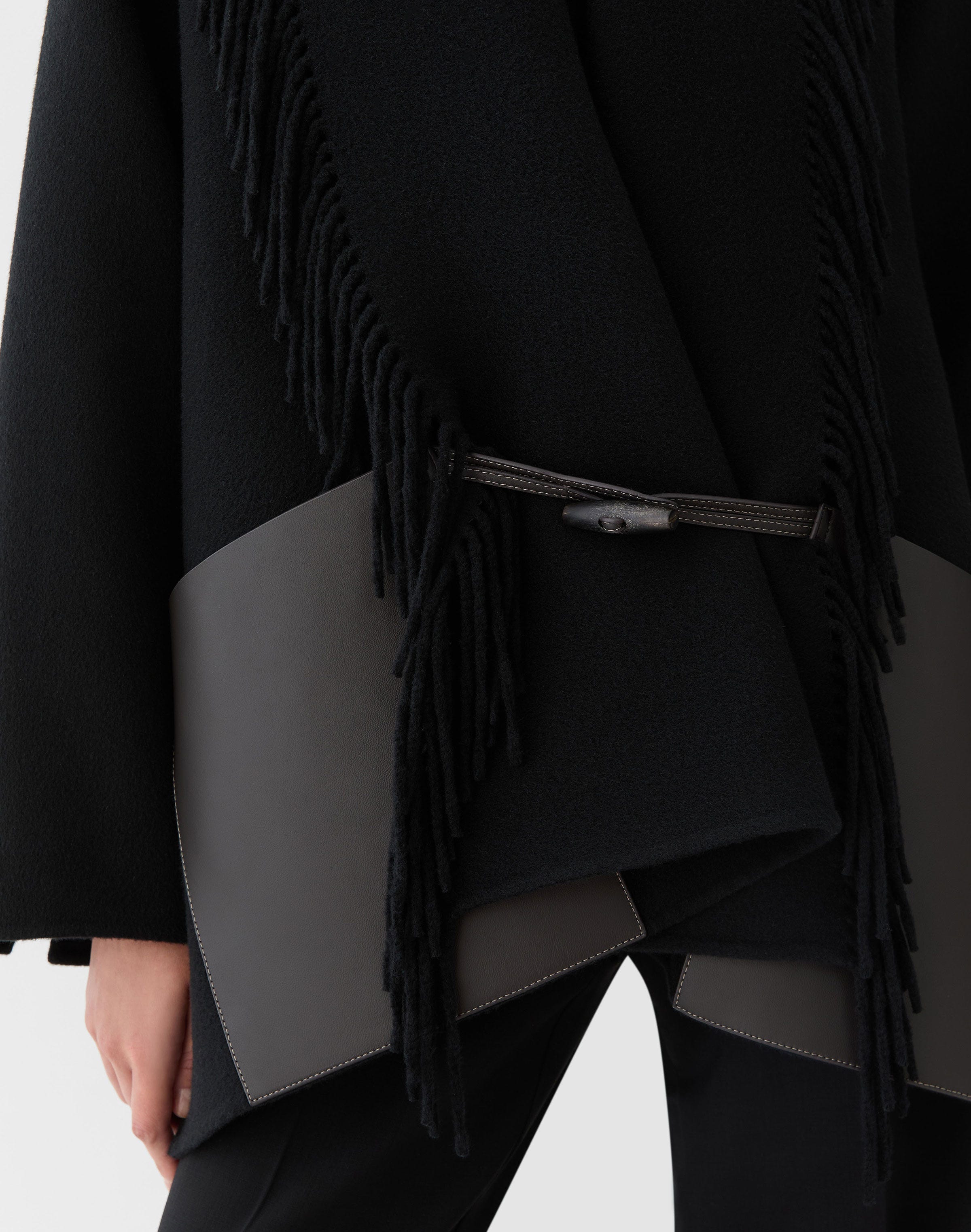 Wool-Cashmere Double Face Leather Pocket Fringed Jacket