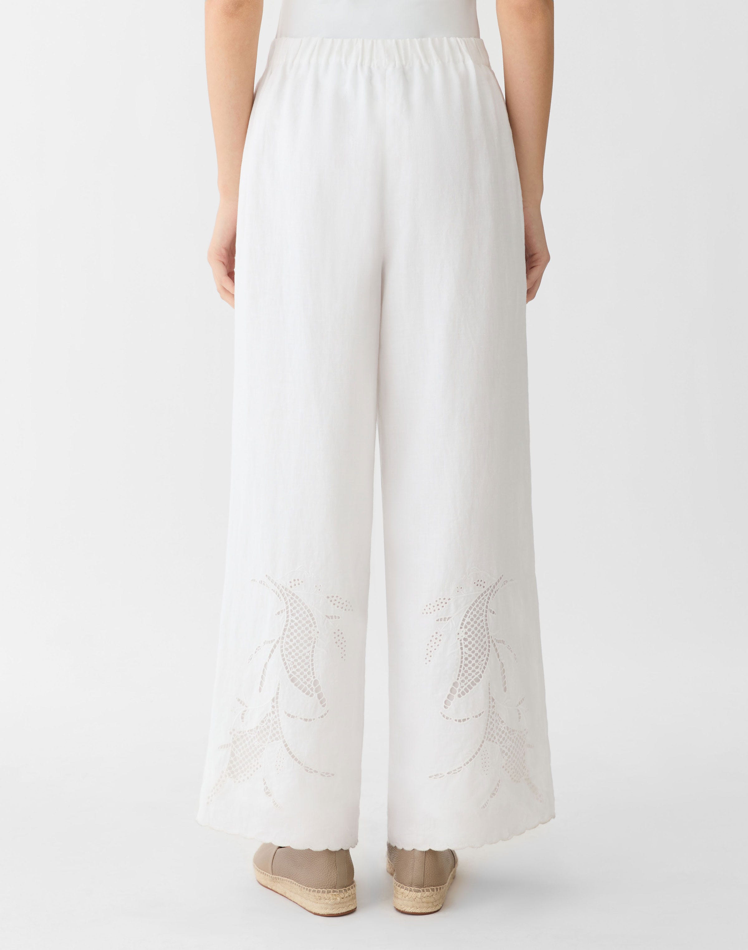 Organic Linen Embroidered Cutout Riverside Wide Leg Pant