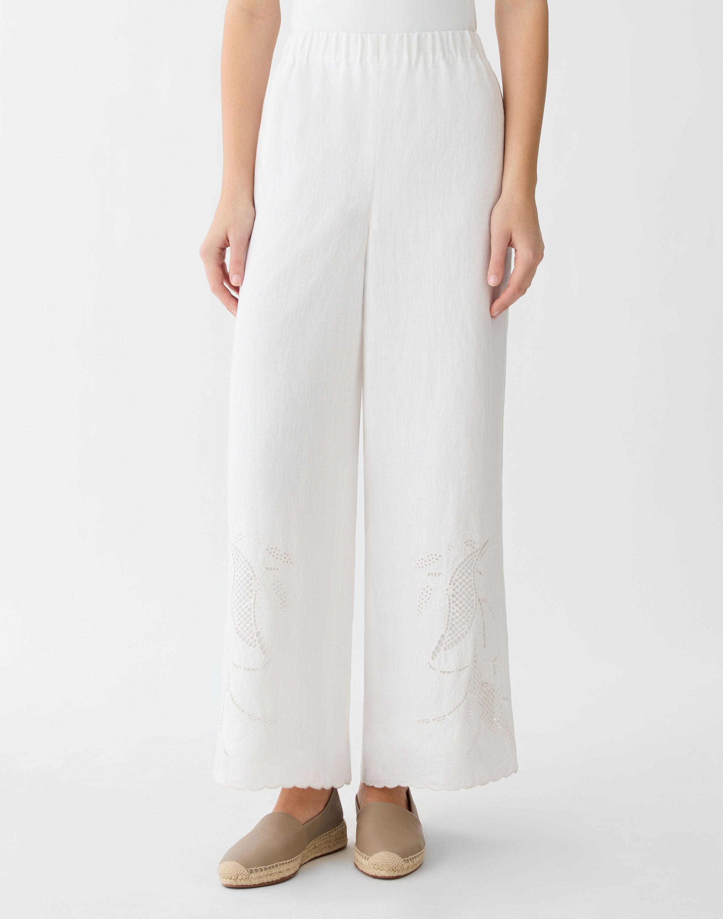 Organic Linen Embroidered Cutout Riverside Wide Leg Pant