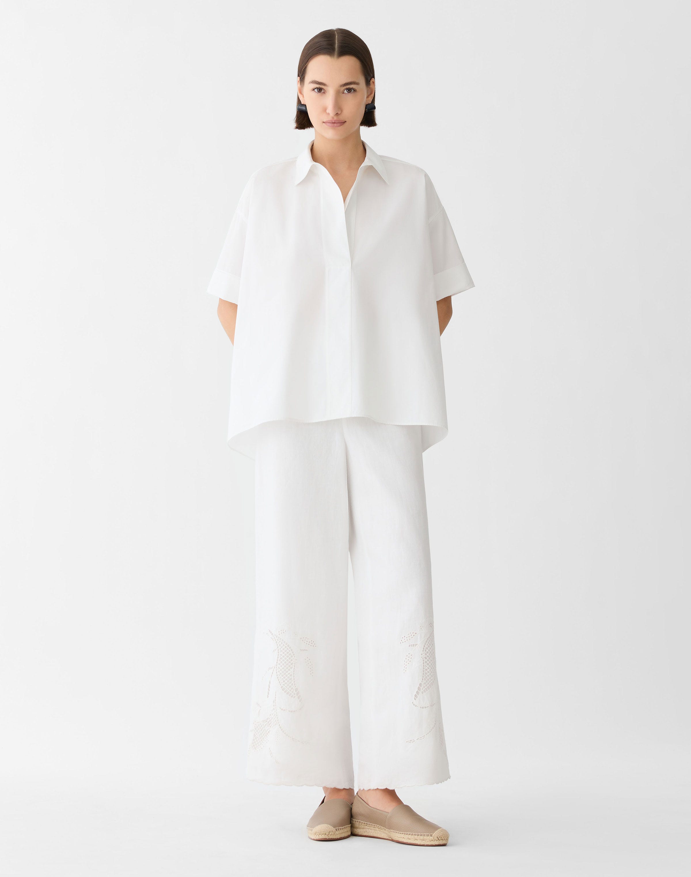Organic Linen Embroidered Cutout Riverside Wide Leg Pant