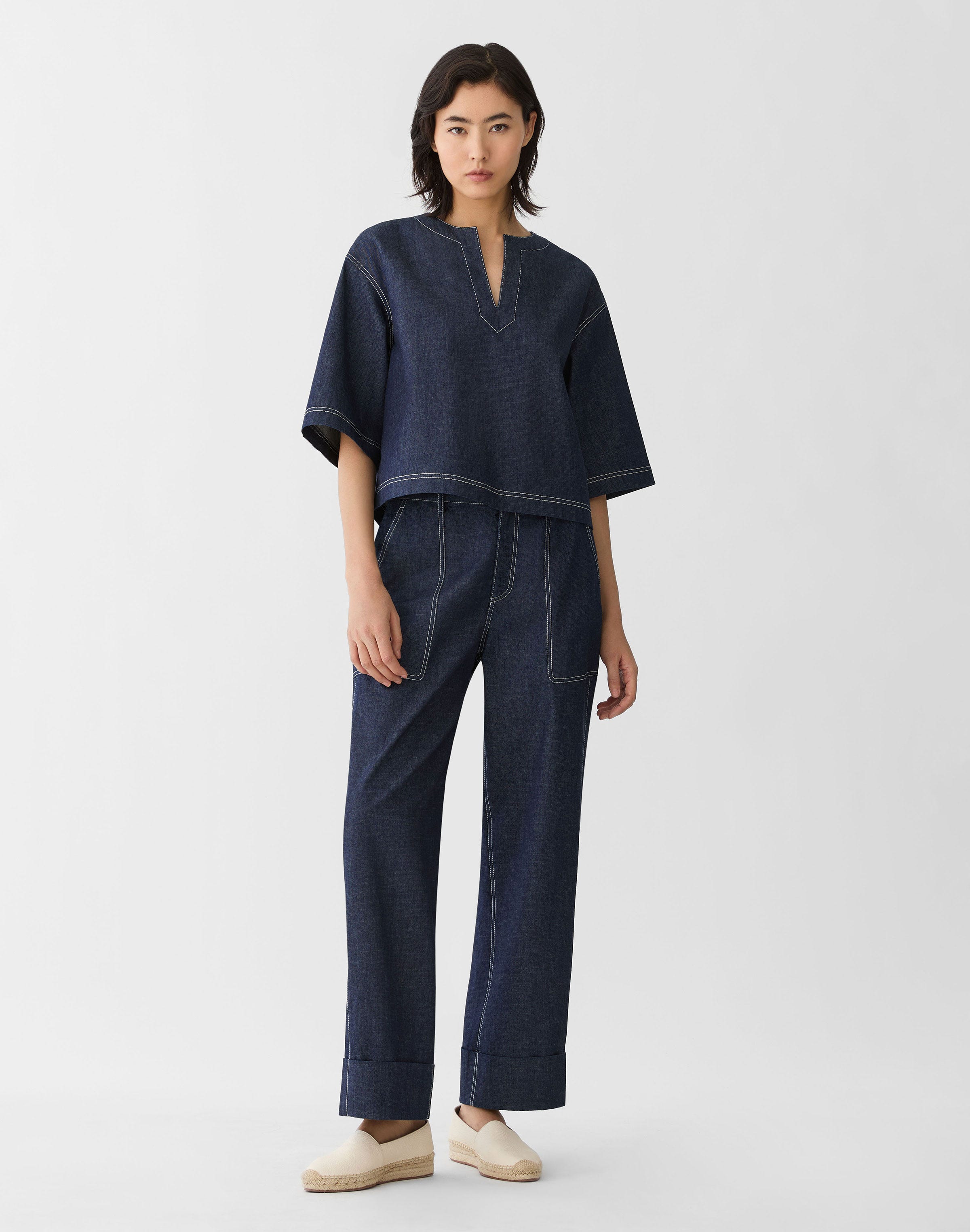 Plus-Size Chambray Highline Straight Ankle Pant