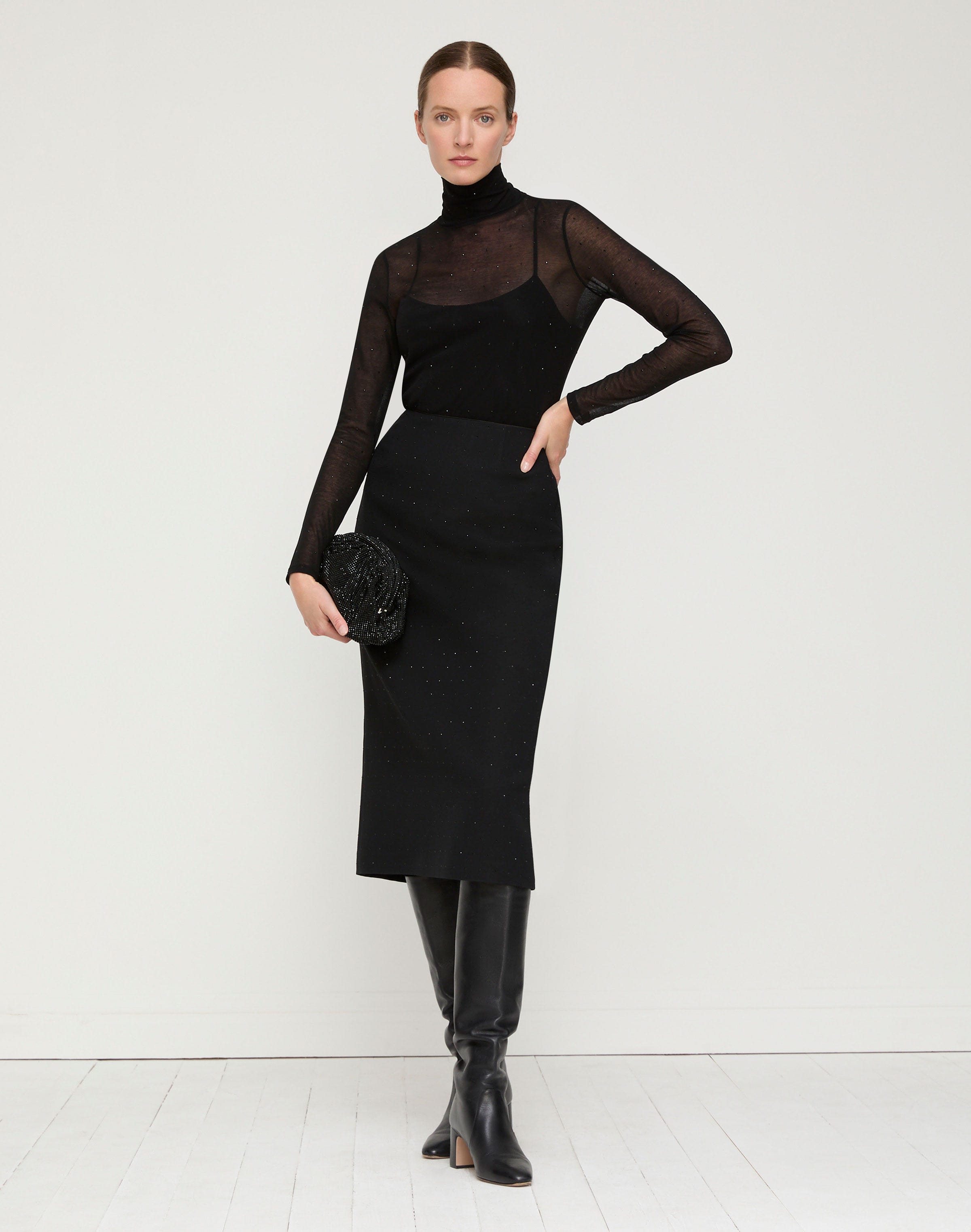 Wool-Silk Crepe Crystal Embellished Pencil Skirt