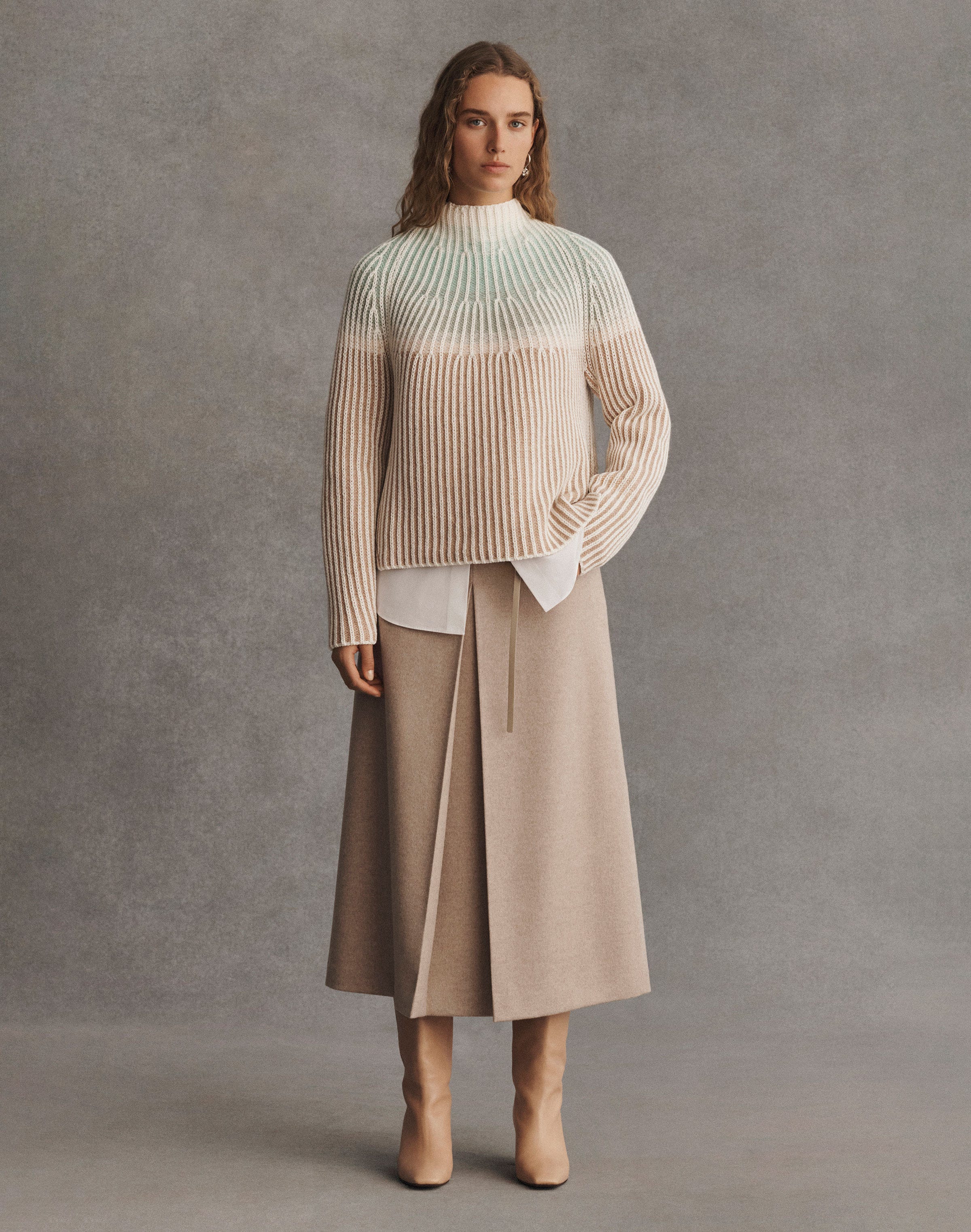 Brushed Wool-Cashmere Flannel Belted A-Line Skirt