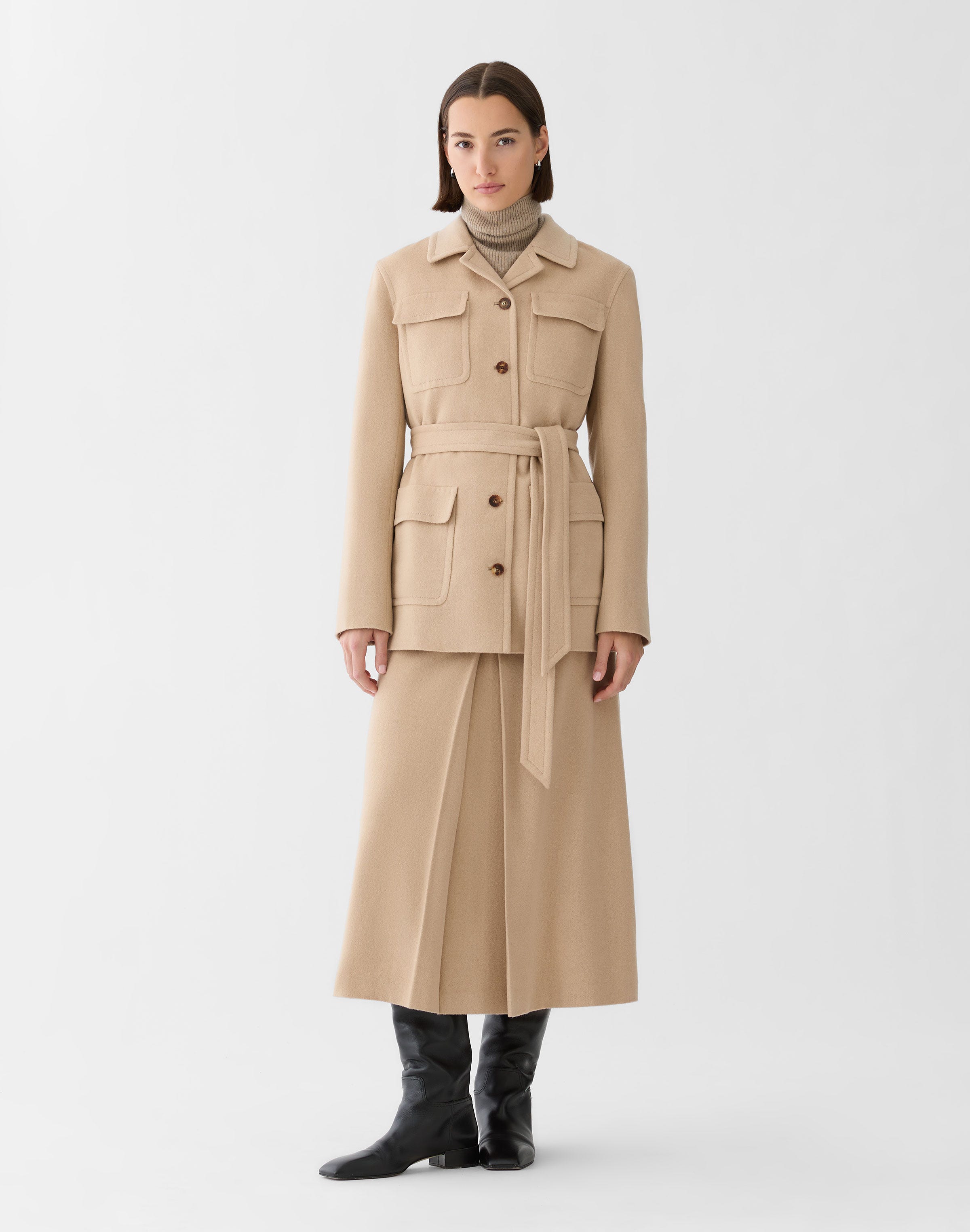 Camel Hair Pleated A-Line Midi Skirt