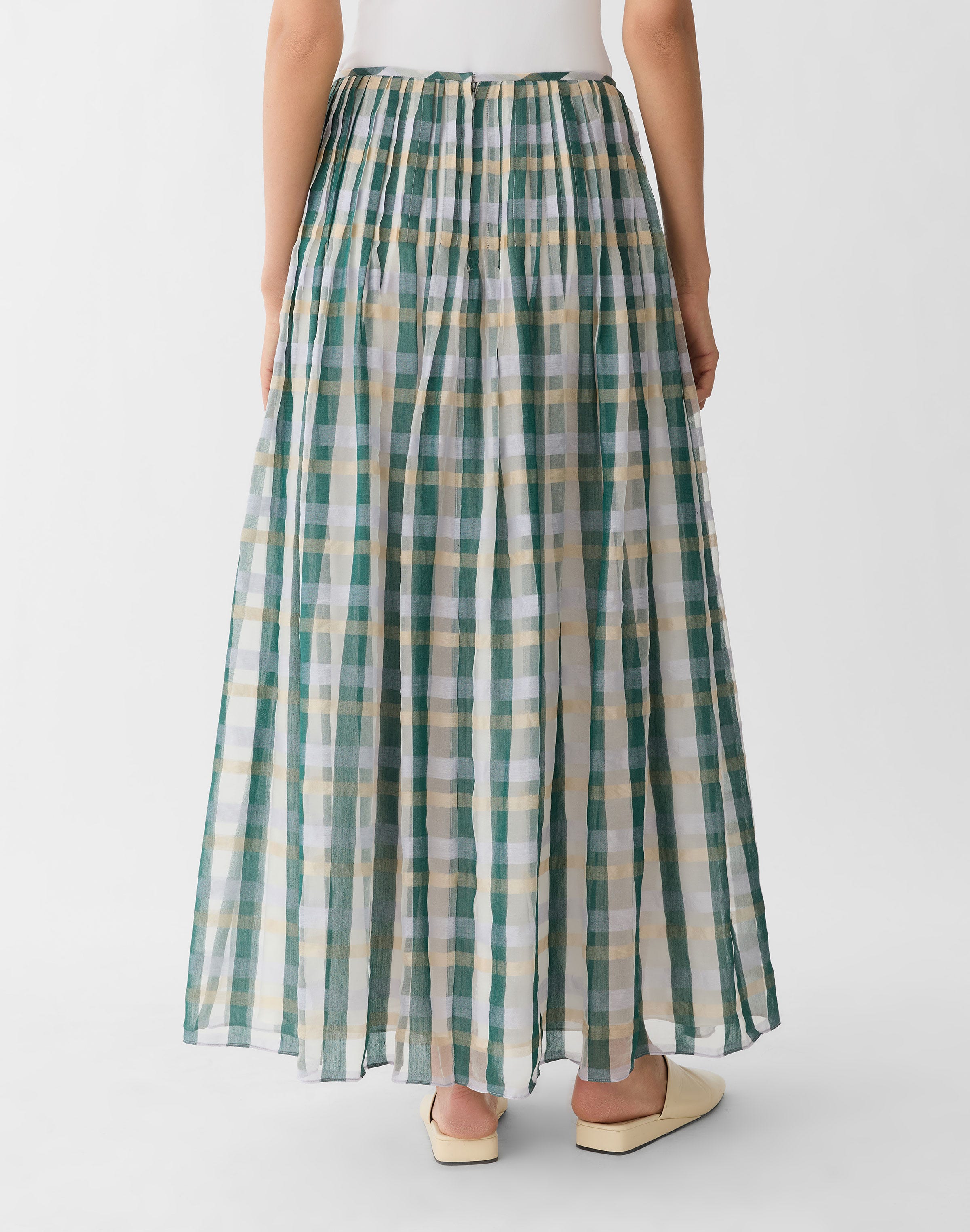 Cotton-Silk Plaid Hand Pintucked Maxi Skirt