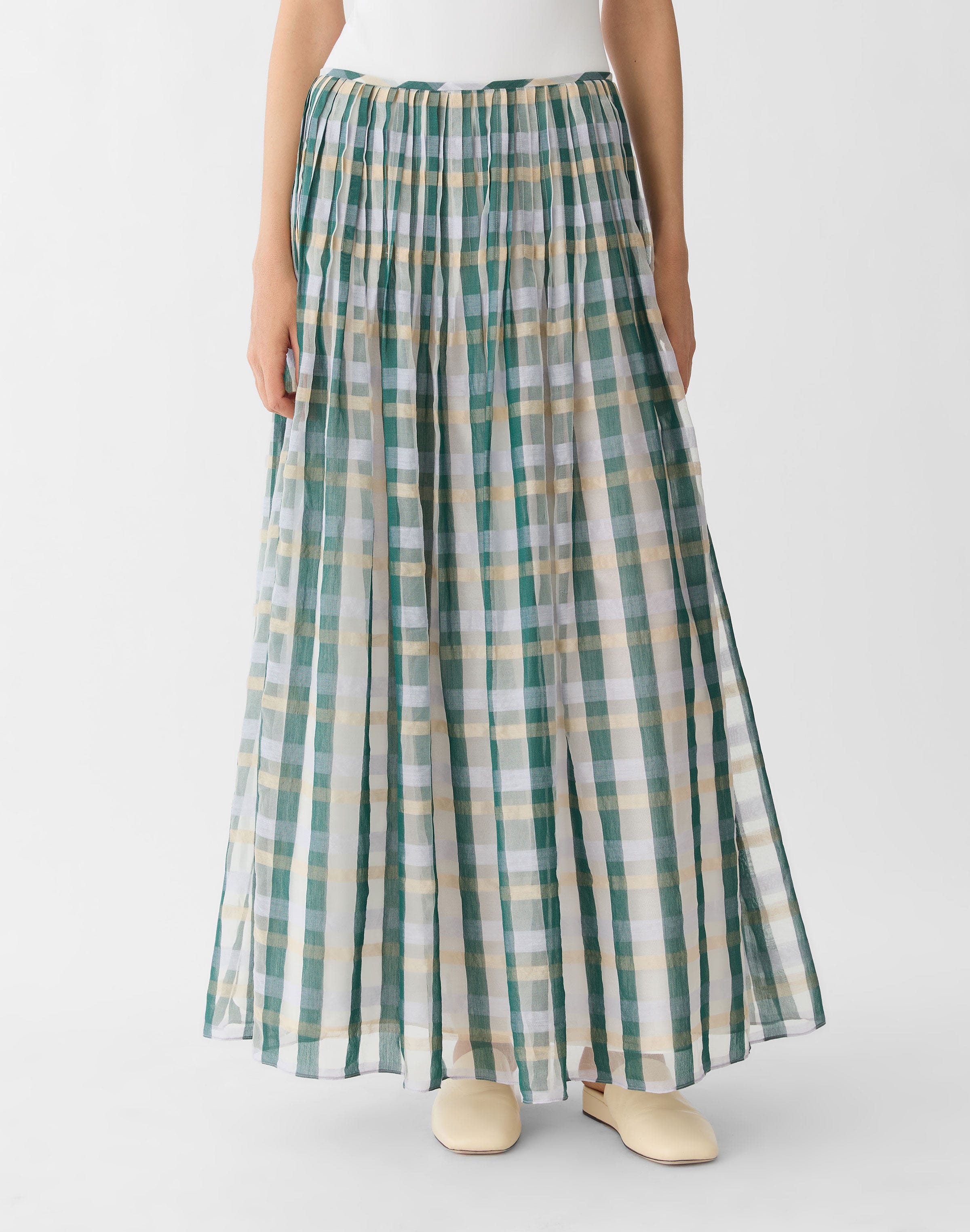 Cotton-Silk Plaid Hand Pintucked Maxi Skirt