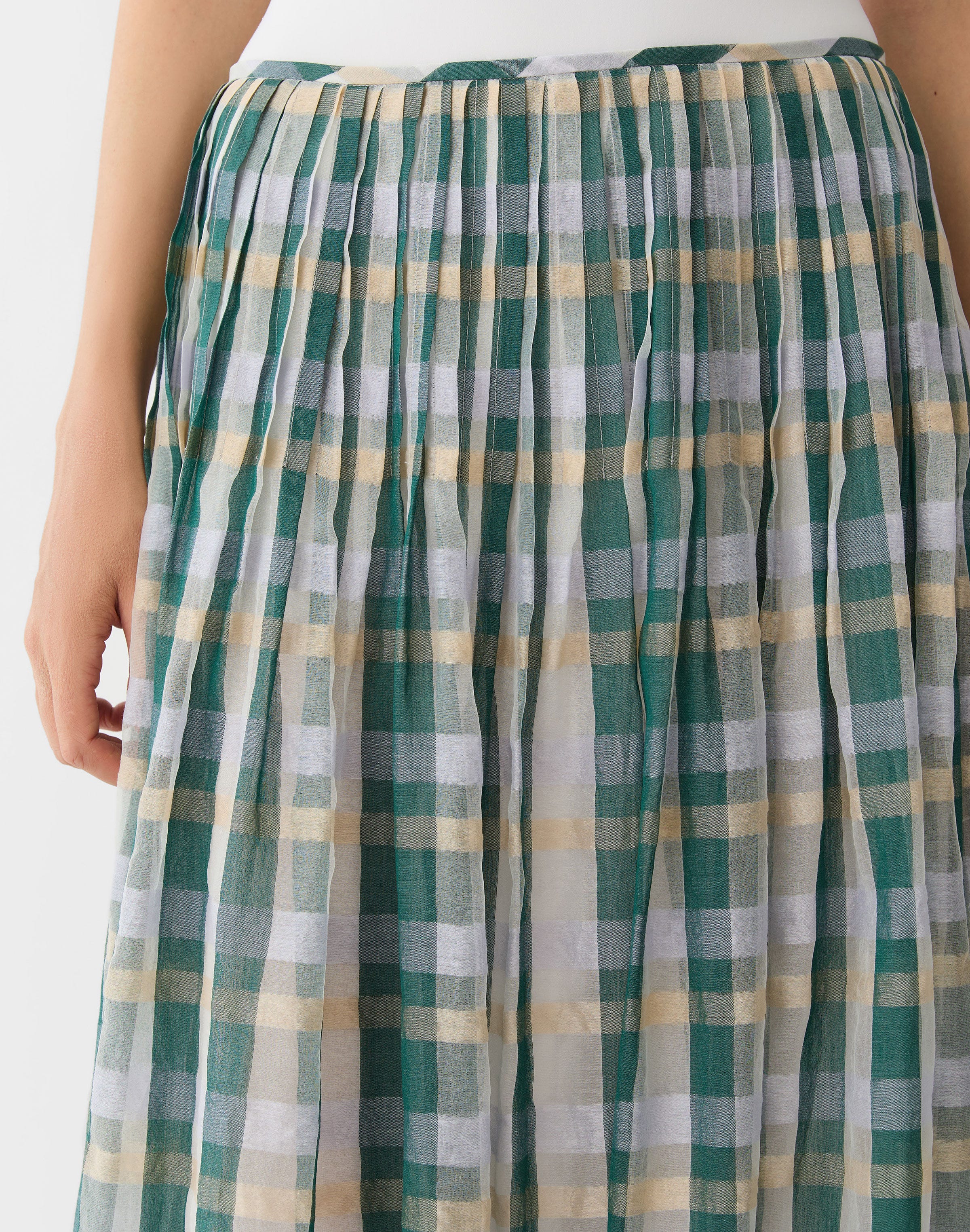 Cotton-Silk Plaid Hand Pintucked Maxi Skirt