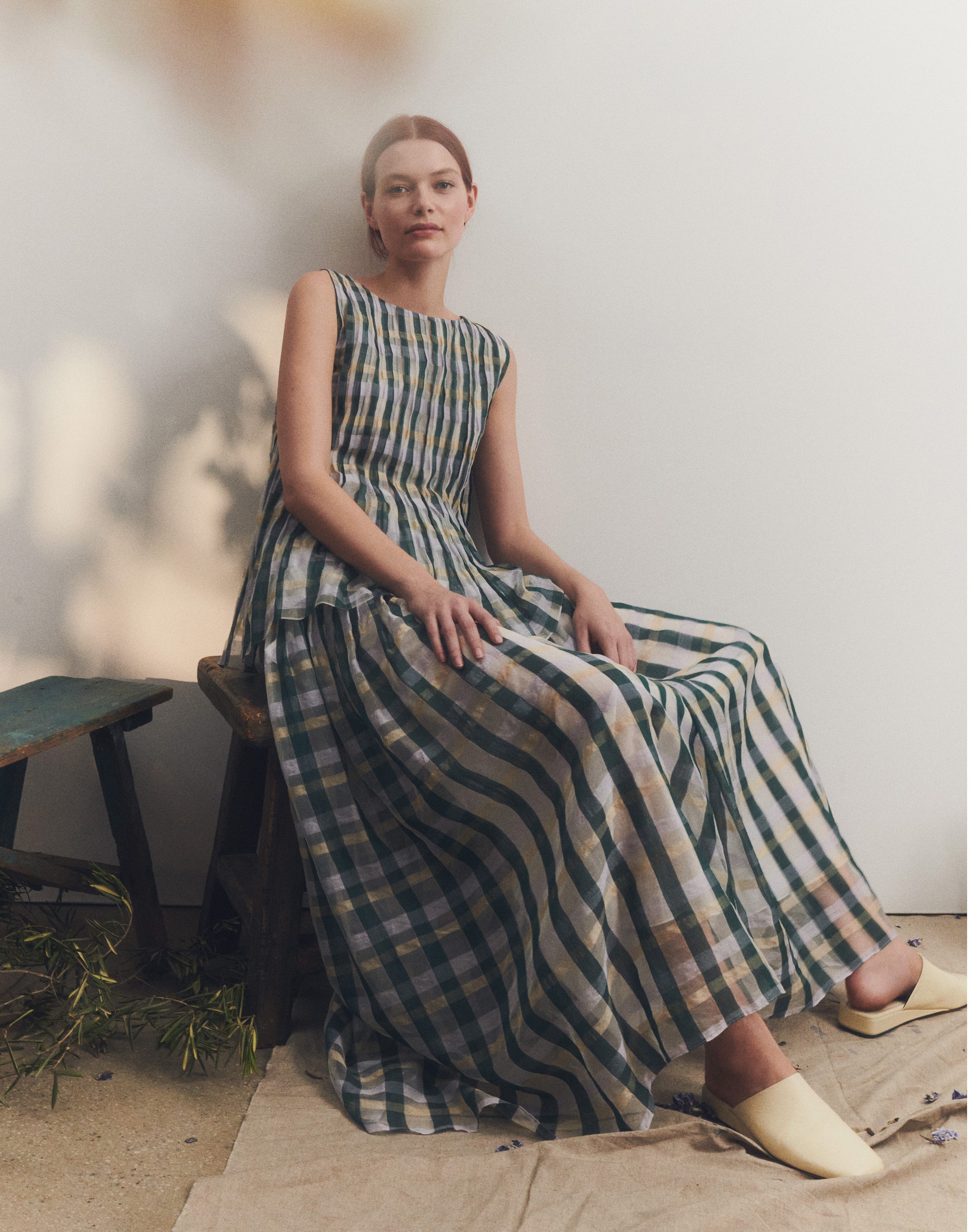 Cotton-Silk Plaid Hand Pintucked Maxi Skirt