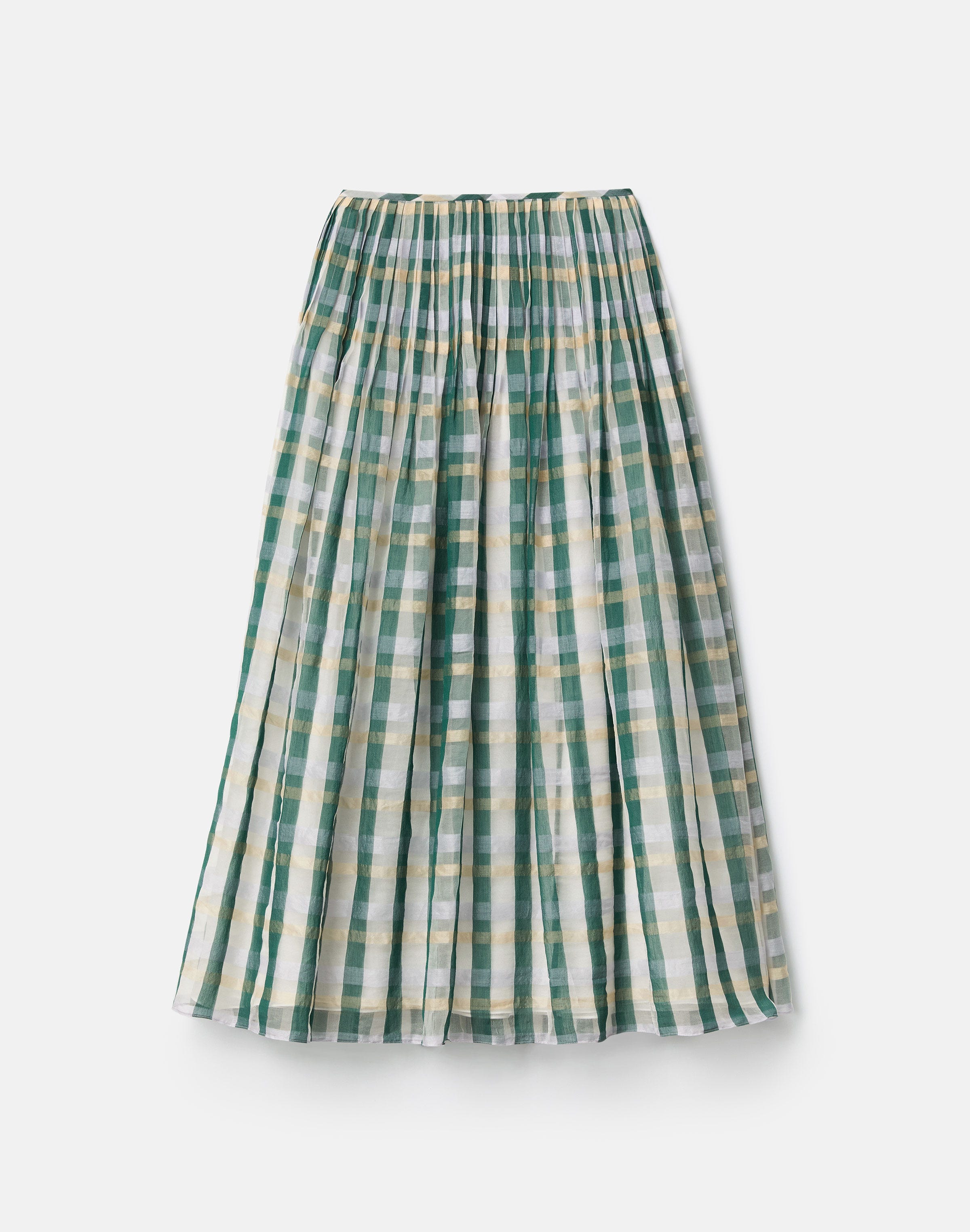 Cotton-Silk Plaid Hand Pintucked Maxi Skirt