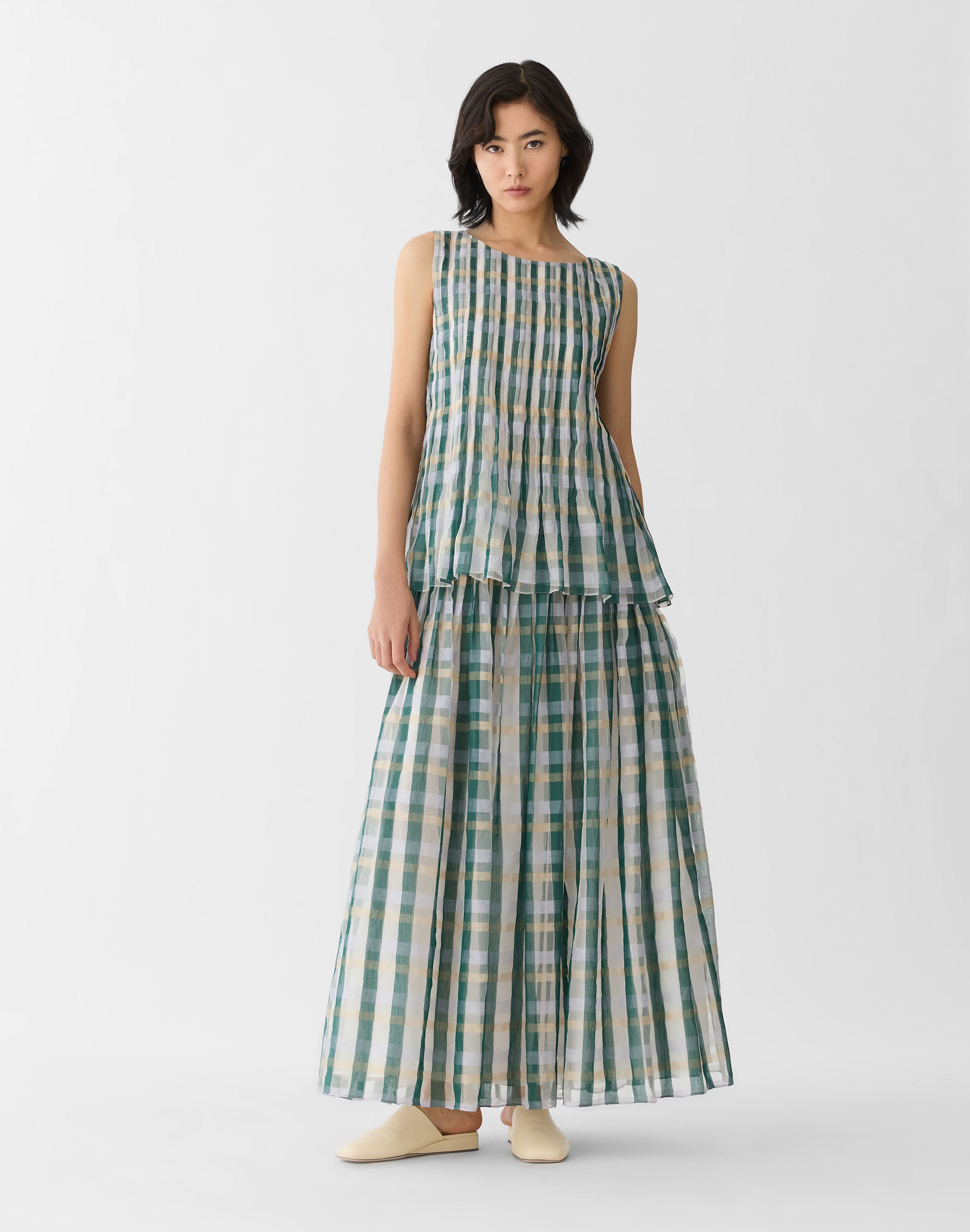 Cotton-Silk Plaid Hand Pintucked Maxi Skirt