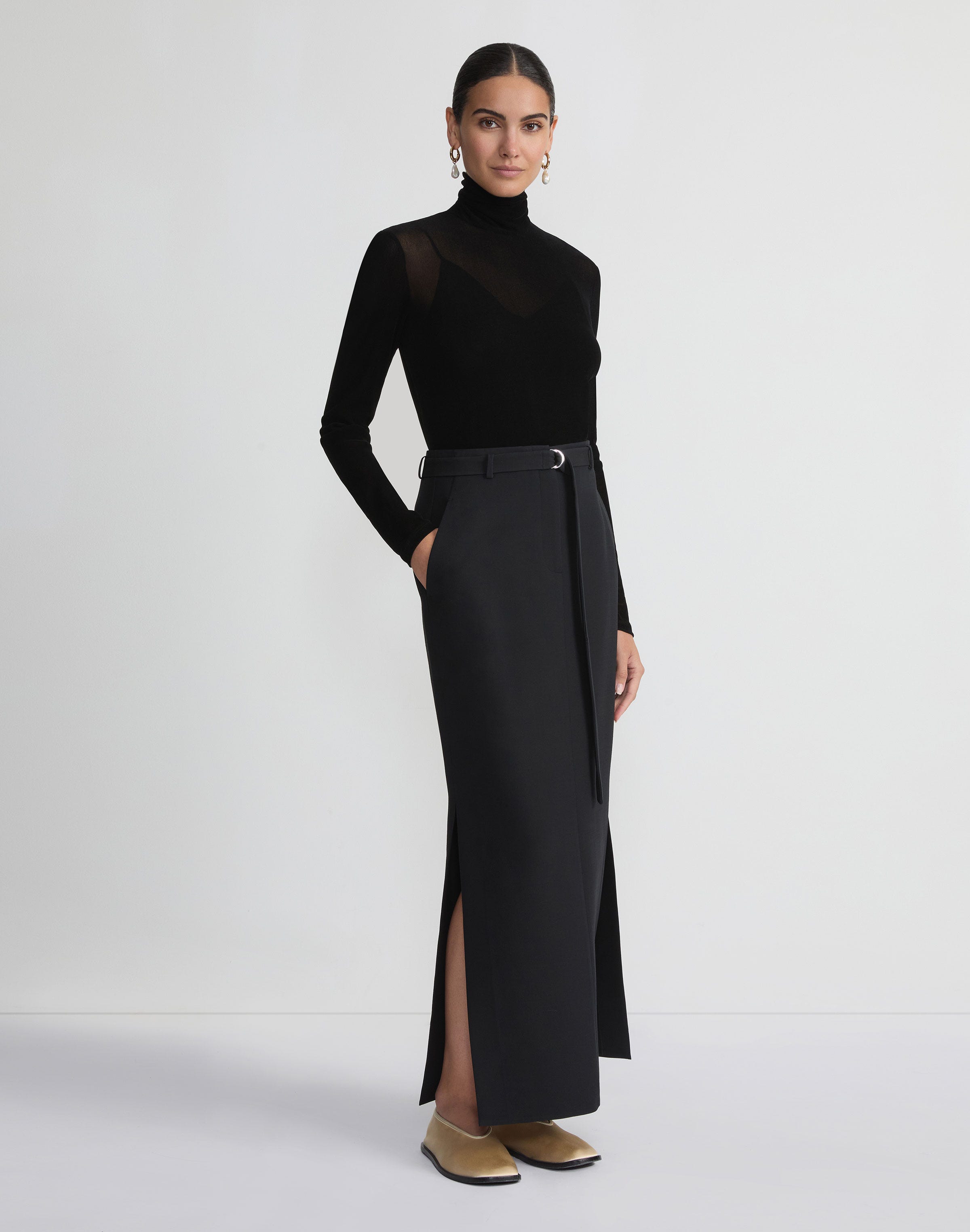Velvet Mesh Jersey Sheer Turtleneck Top