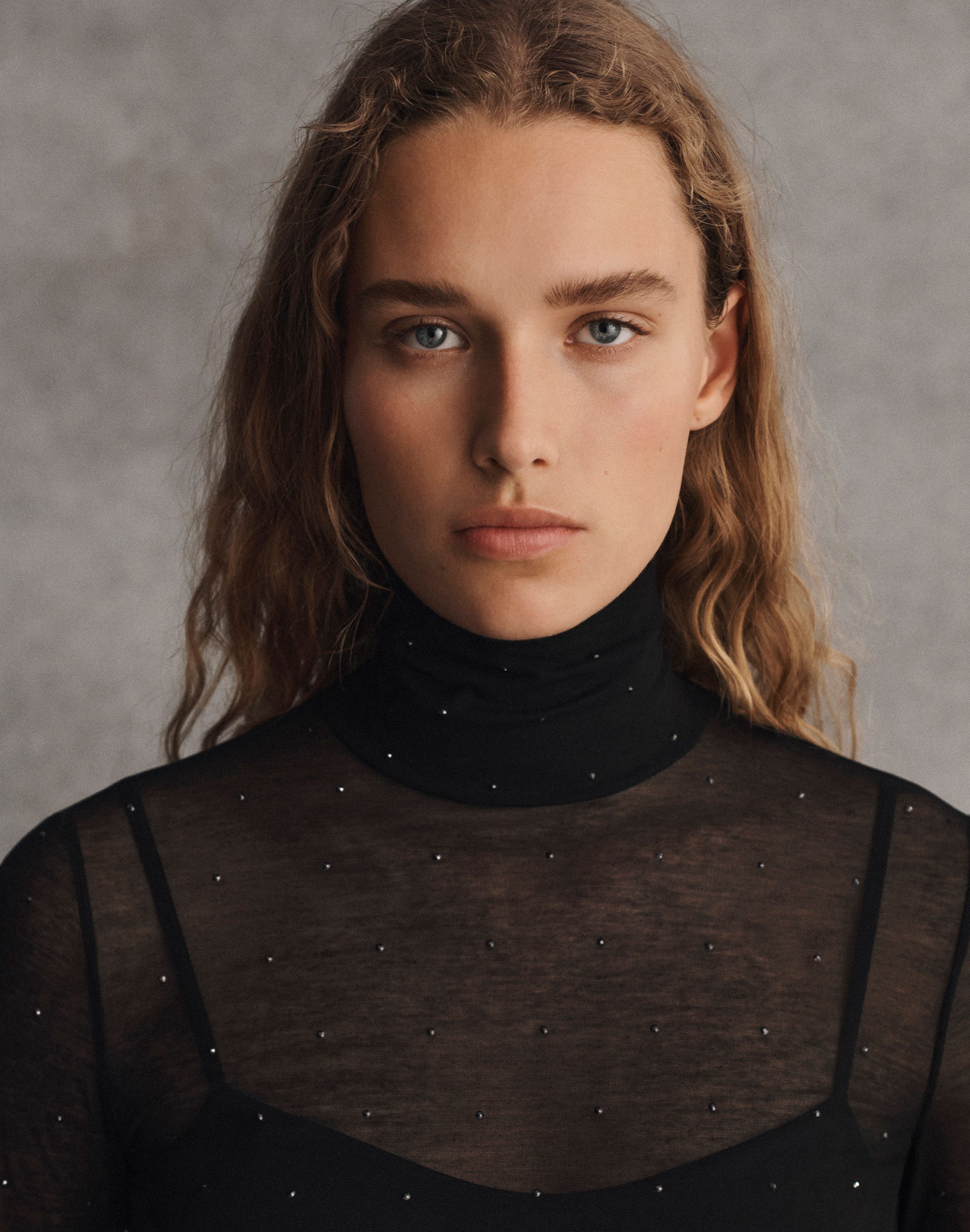 Cotton Jersey Sheer Crystal Embellished Turtleneck