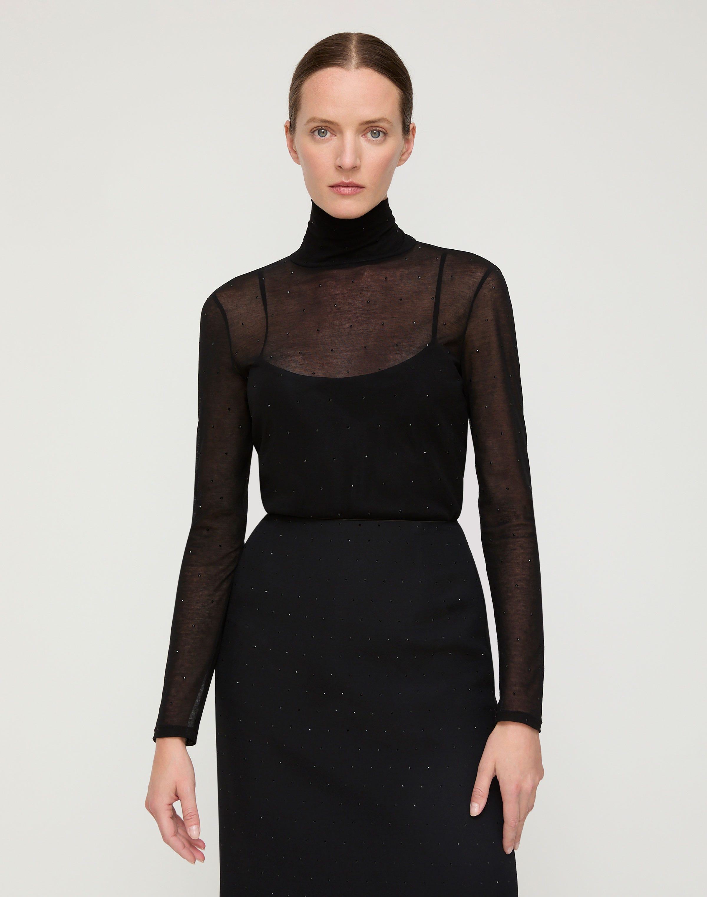 Cotton Jersey Sheer Crystal Embellished Turtleneck