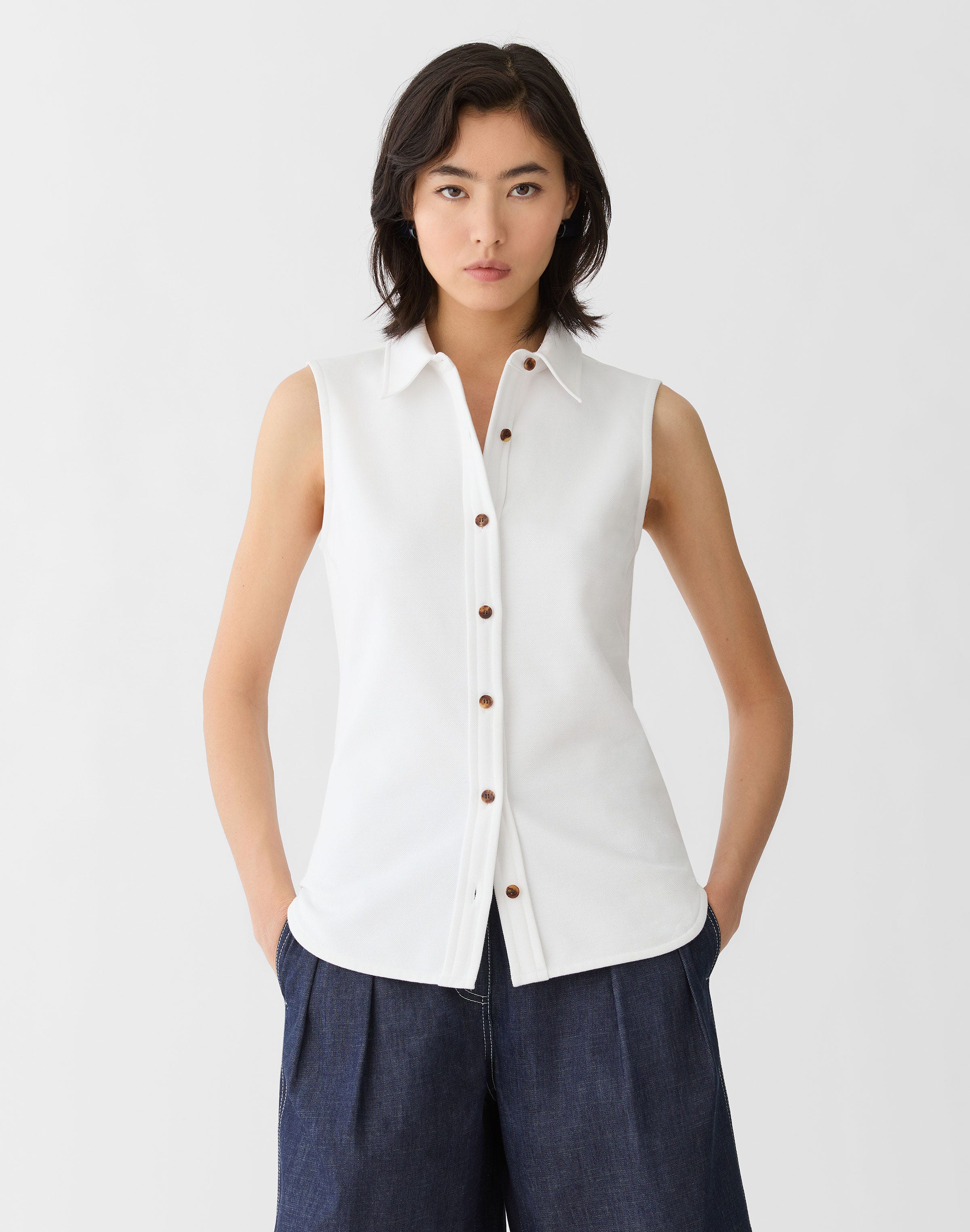 Cotton Piqué Jersey  Button Front Top