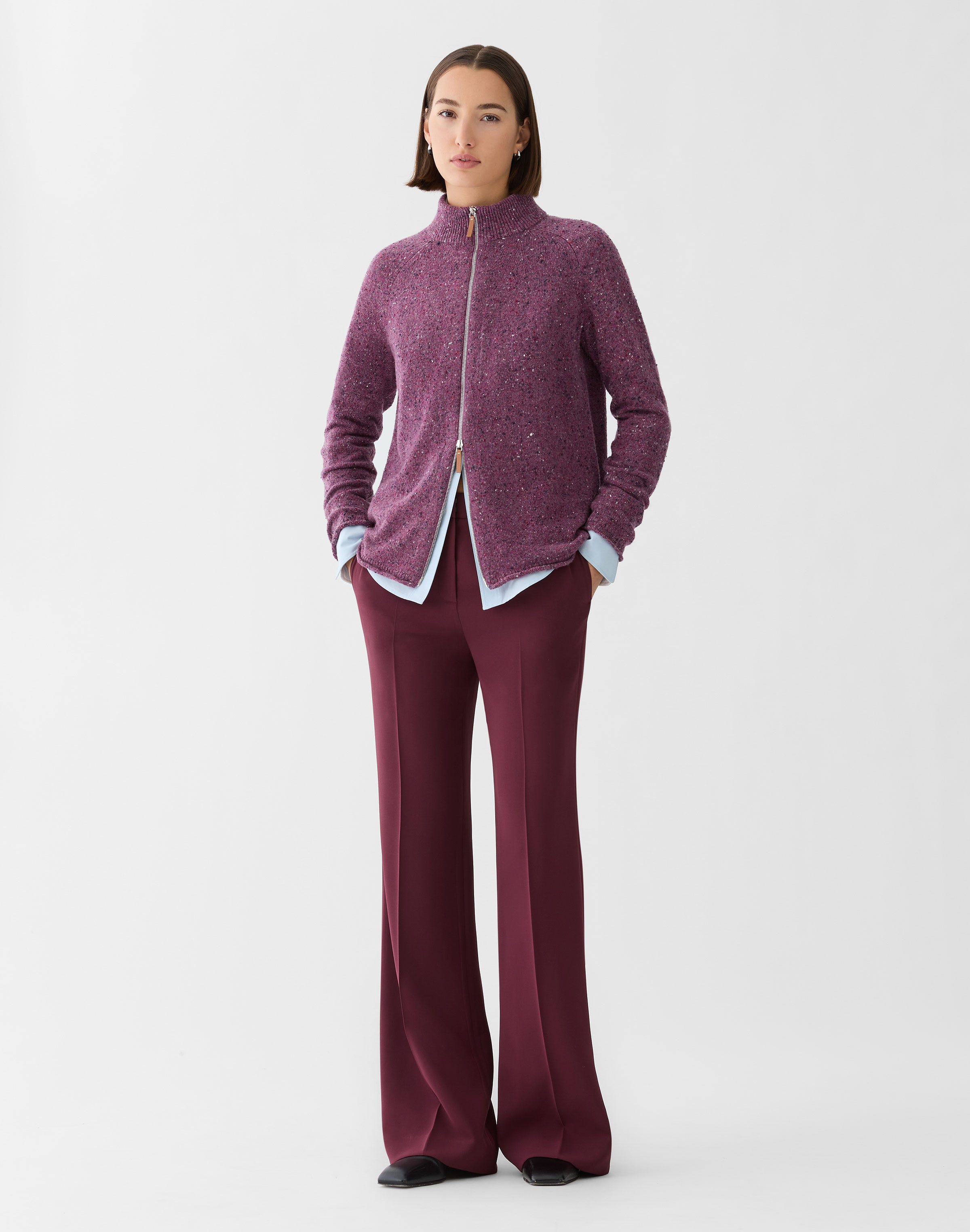 Cashmere Donegal Zip Front Cardigan