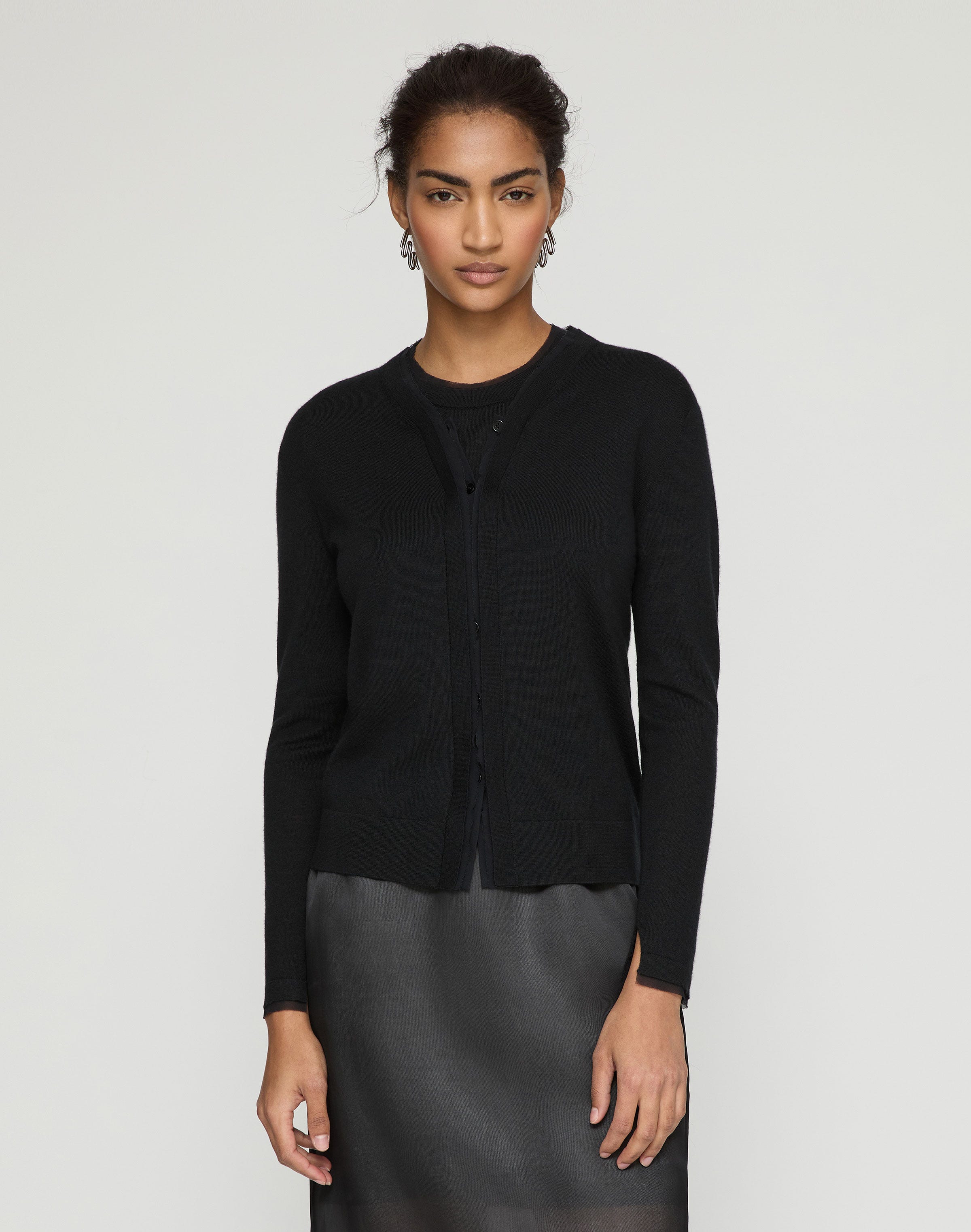 Fine Gauge Cashmere & Silk Chiffon Trim Cardigan 