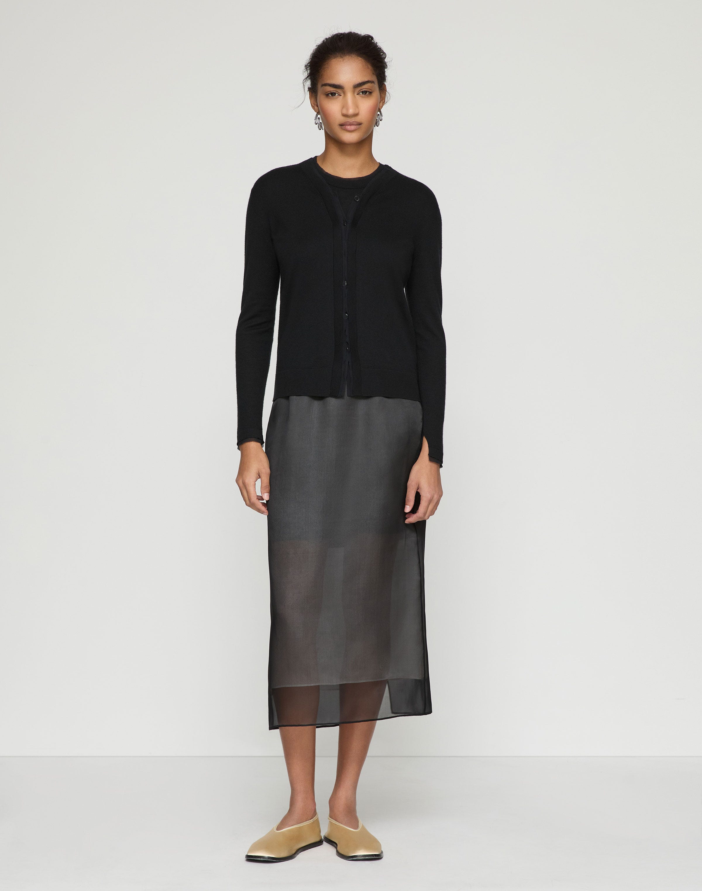Fine Gauge Cashmere & Silk Chiffon Trim Cardigan 