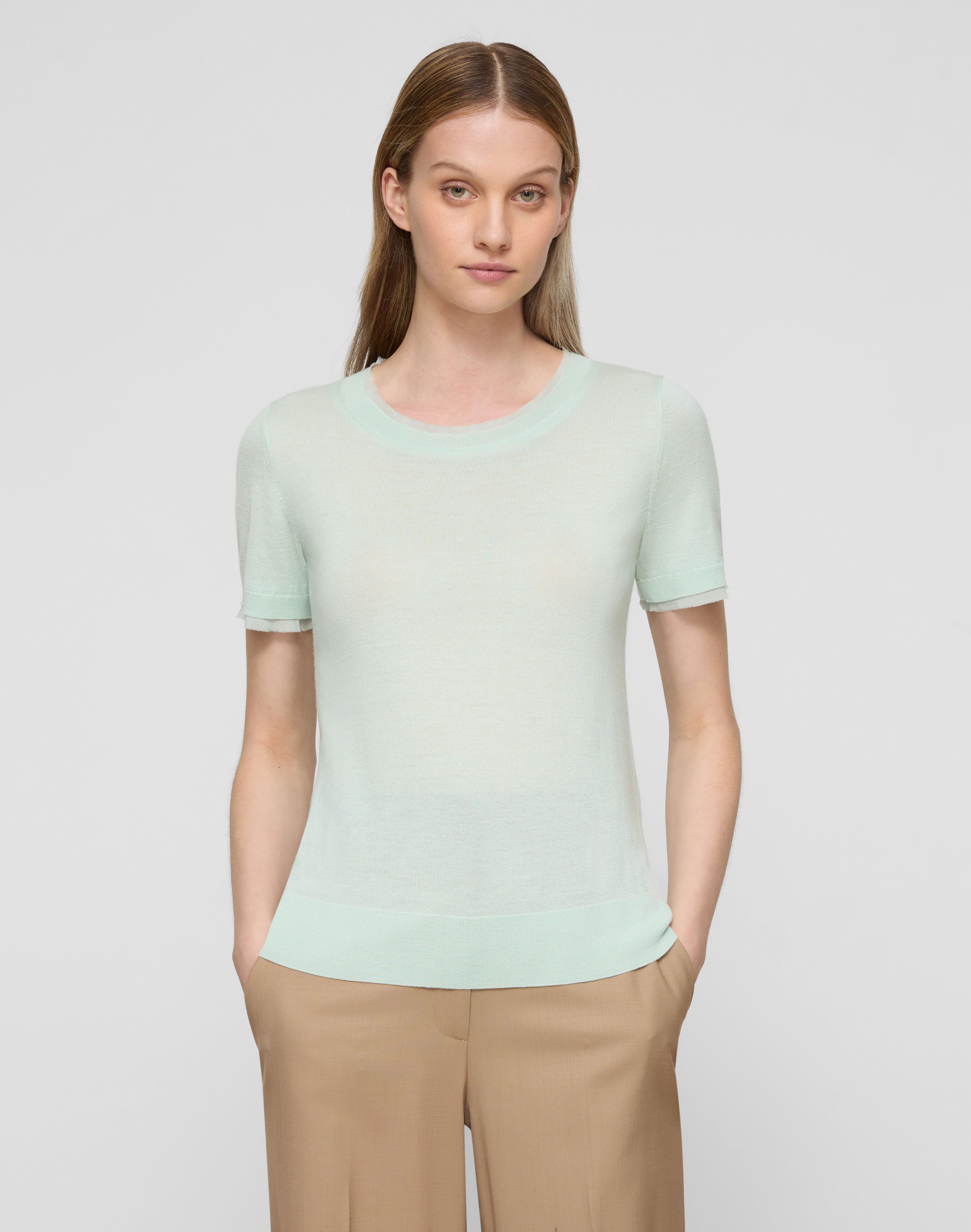 Petite Fine Gauge Cashmere & Silk Chiffon Trim Sweater