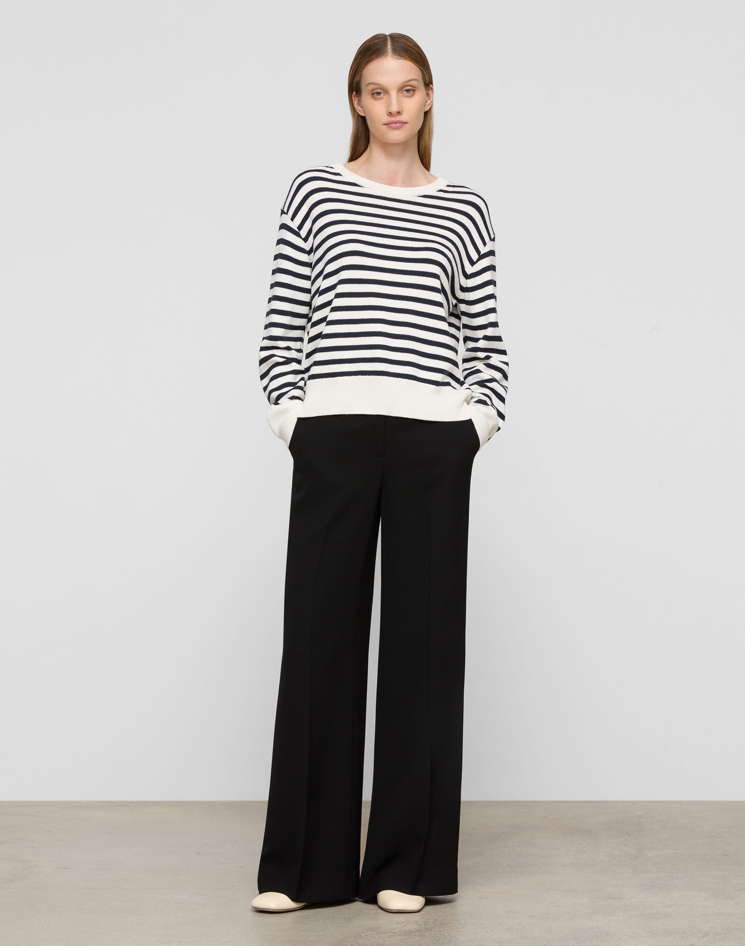 Petite Striped Cotton-Silk Tape Crewneck Sweater