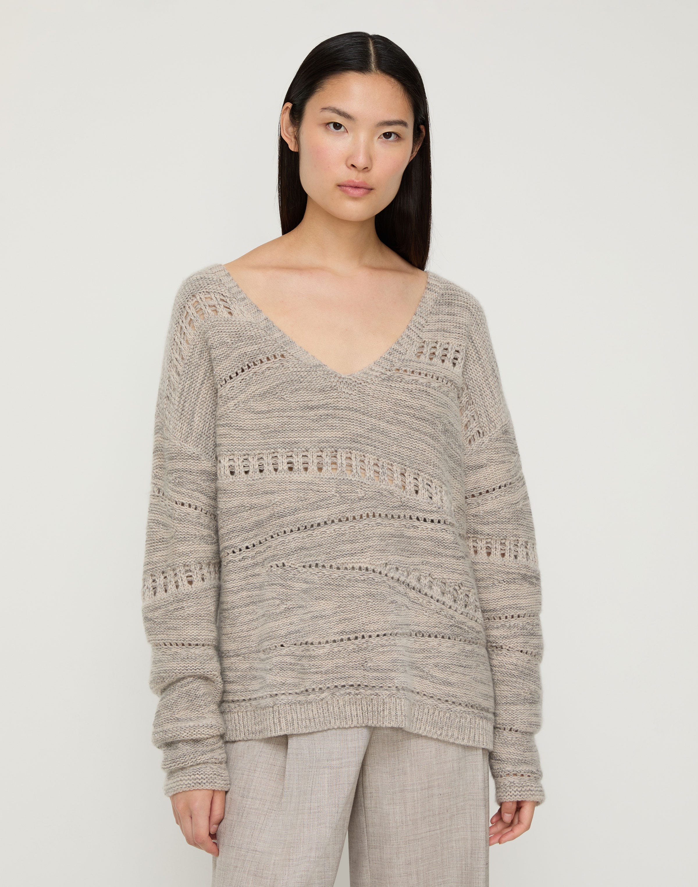 Cashmere-Sequin Silk Pointelle Asymmetric Sweater