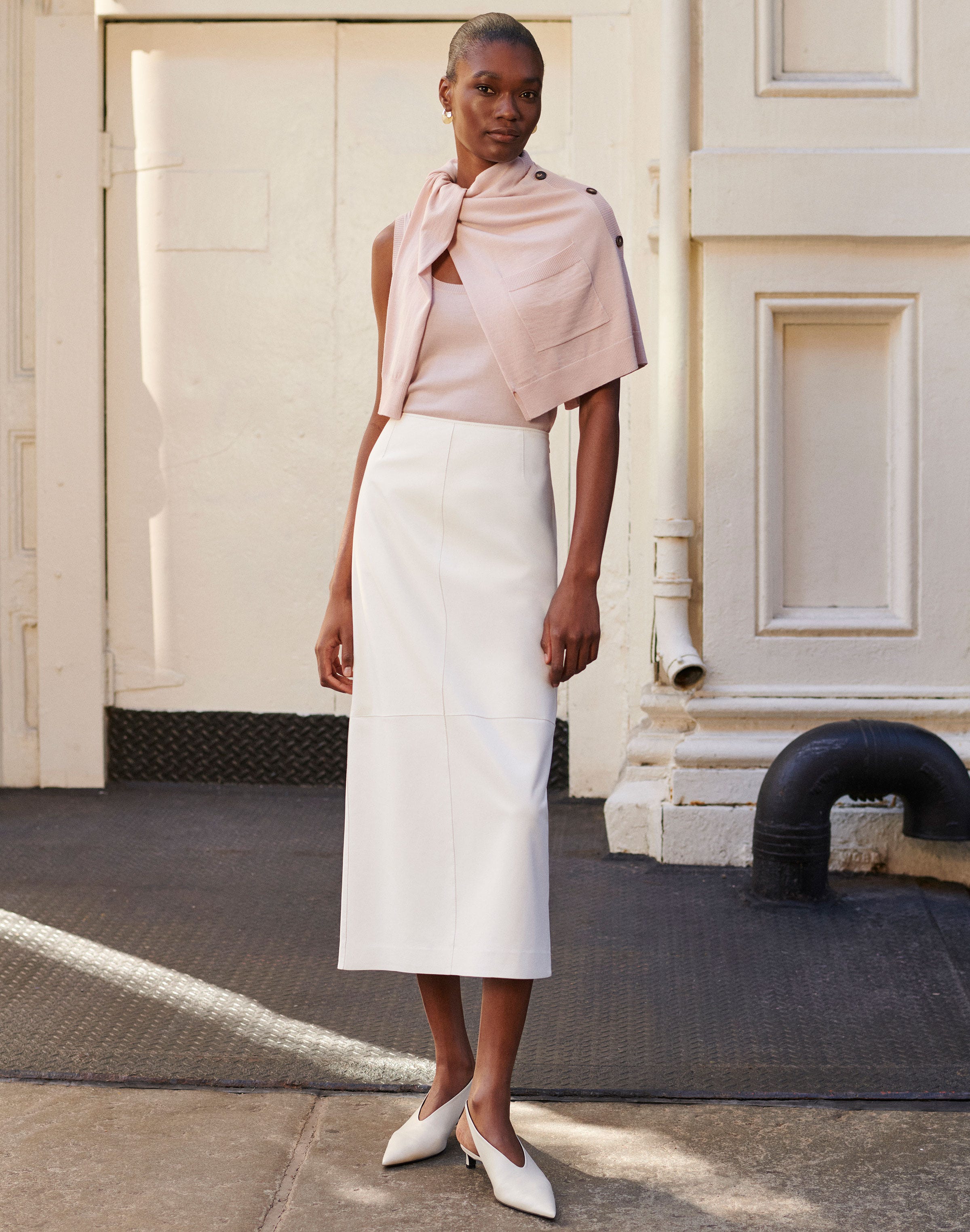 Superfine Merino Cardigan, Tank and Leather Pencil Skirt