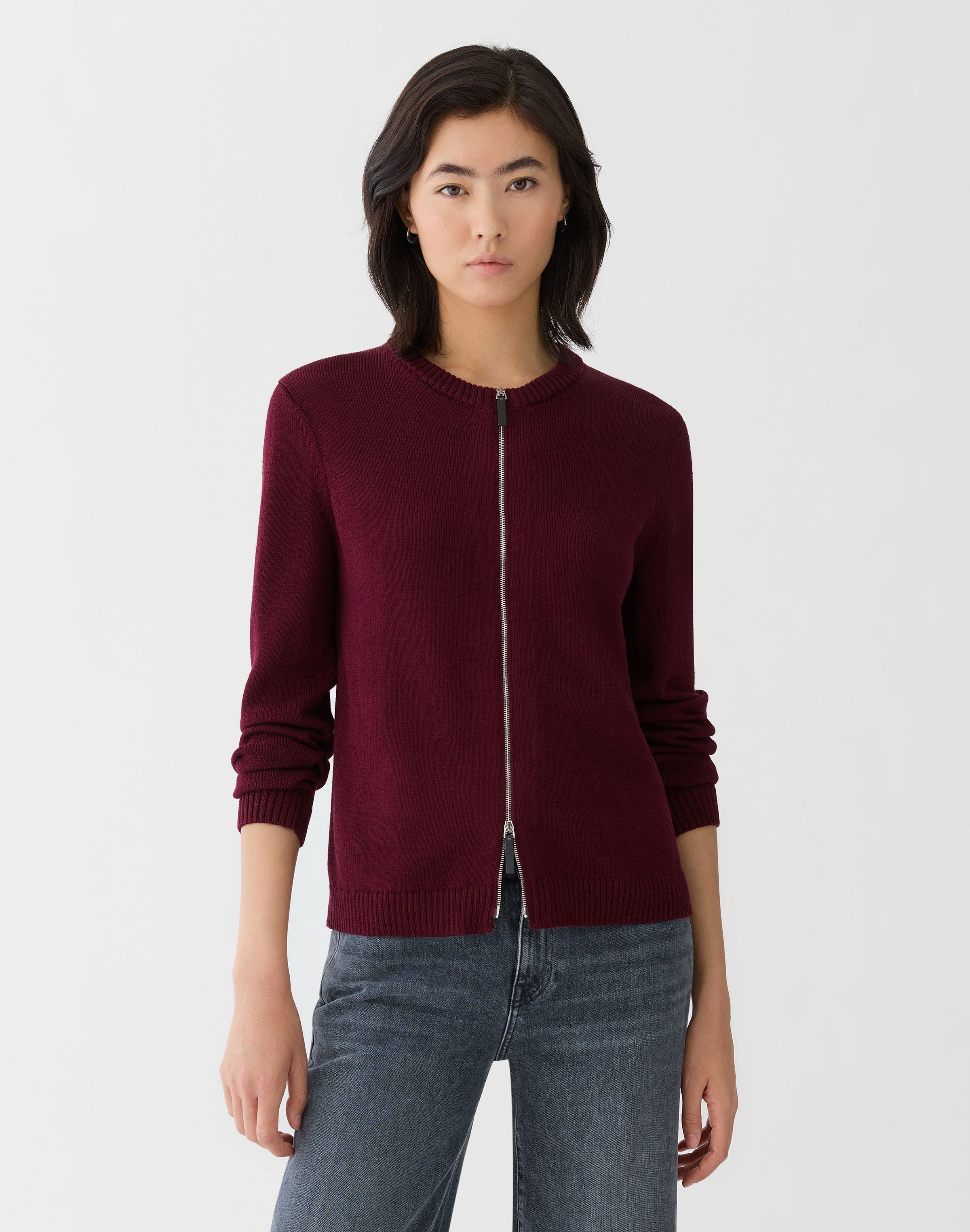 Petite Cotton-Silk Crewneck Bomber Cardigan