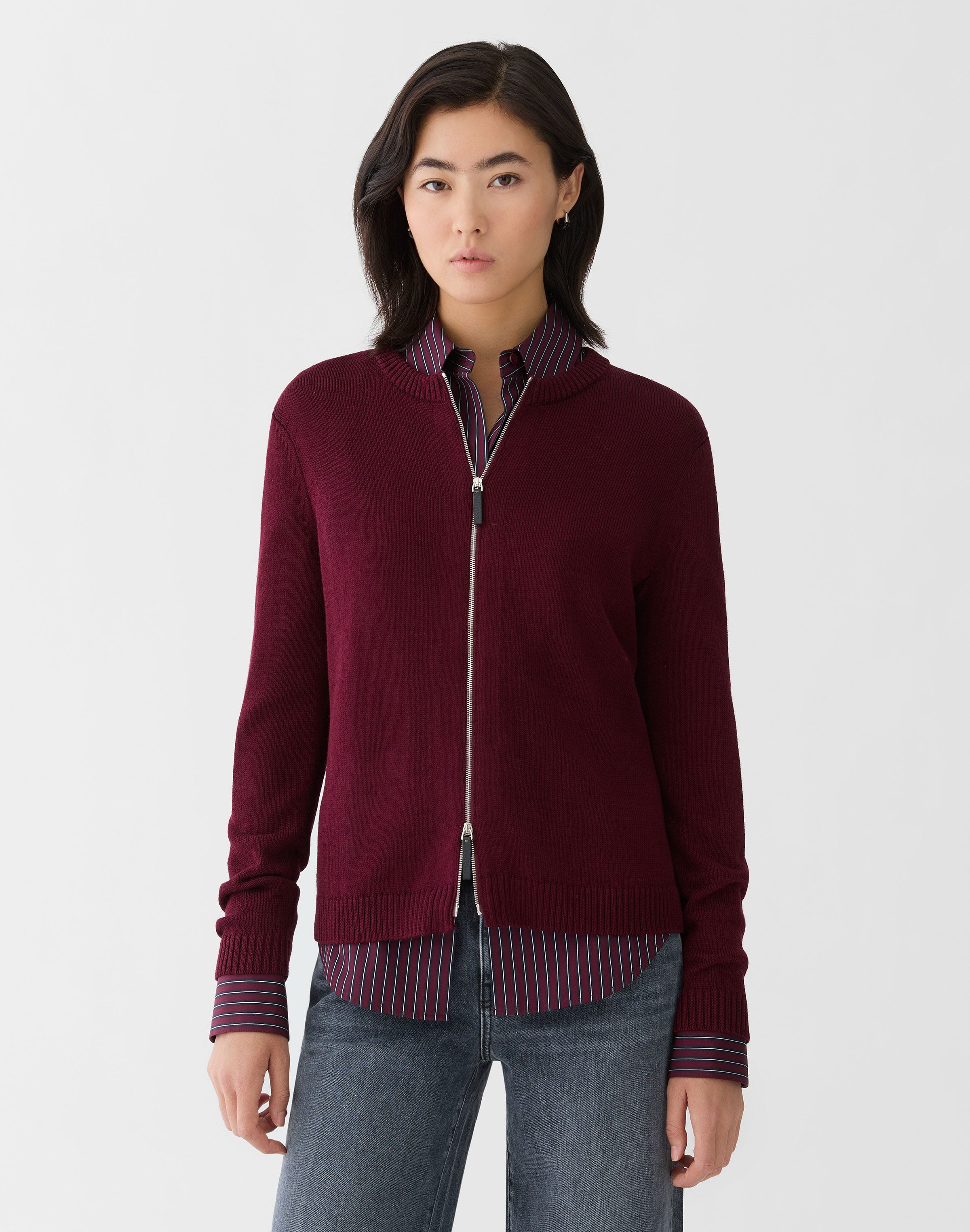 Petite Cotton-Silk Crewneck Bomber Cardigan