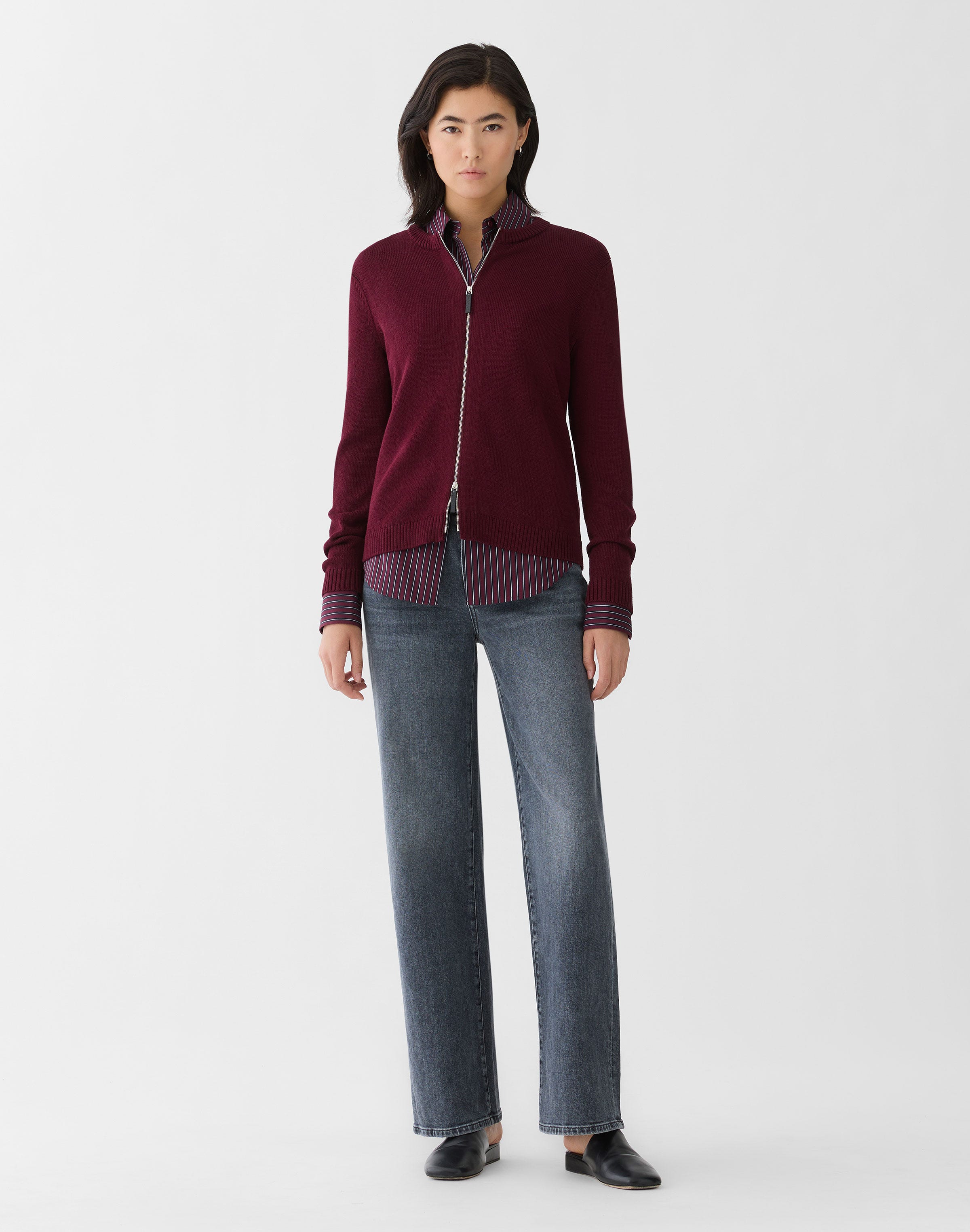 Petite Cotton-Silk Crewneck Bomber Cardigan