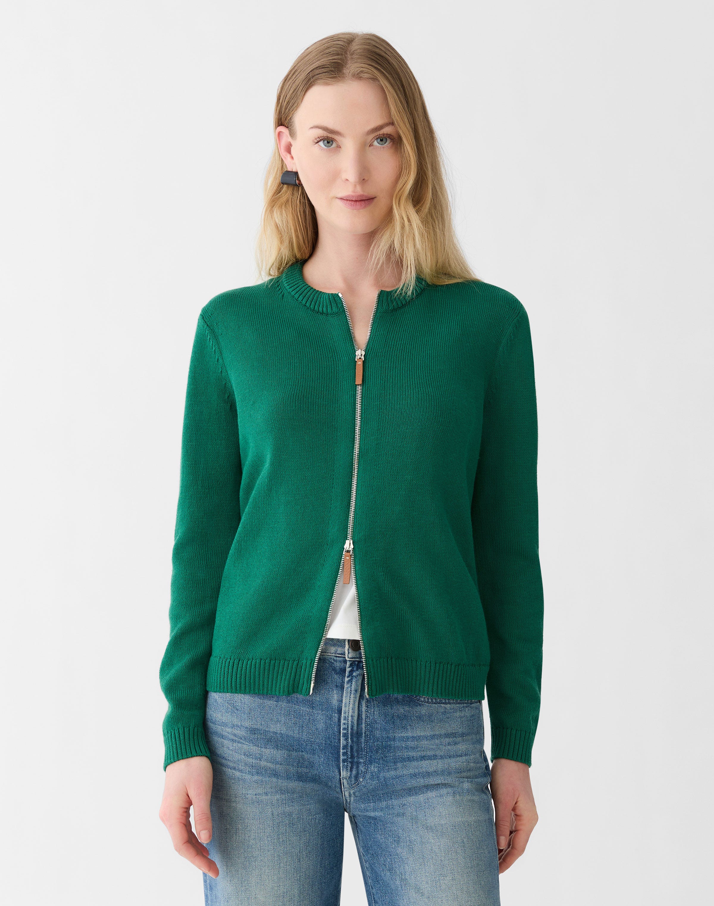 Cotton-Silk Crewneck Bomber Cardigan