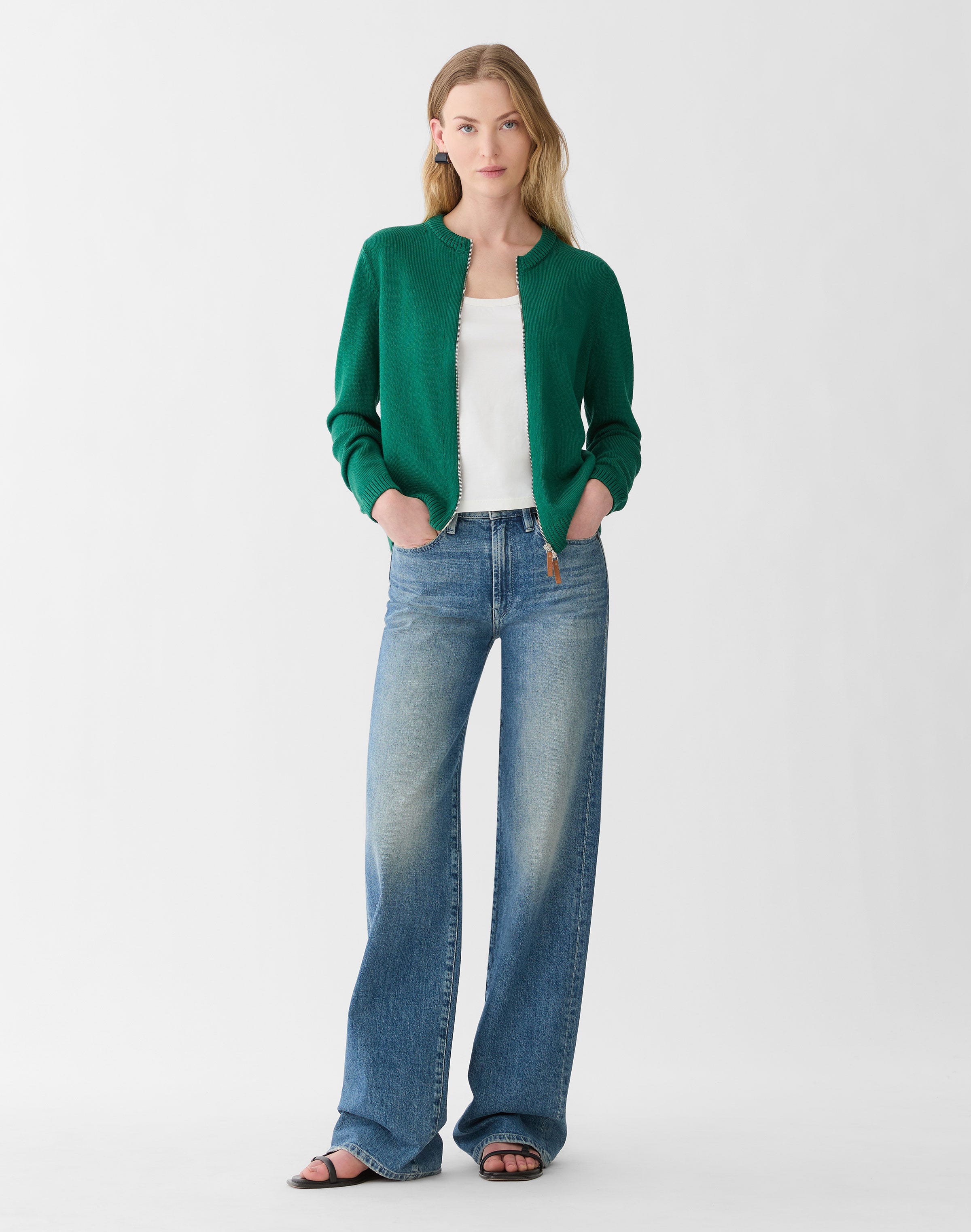 Cotton-Silk Crewneck Bomber Cardigan