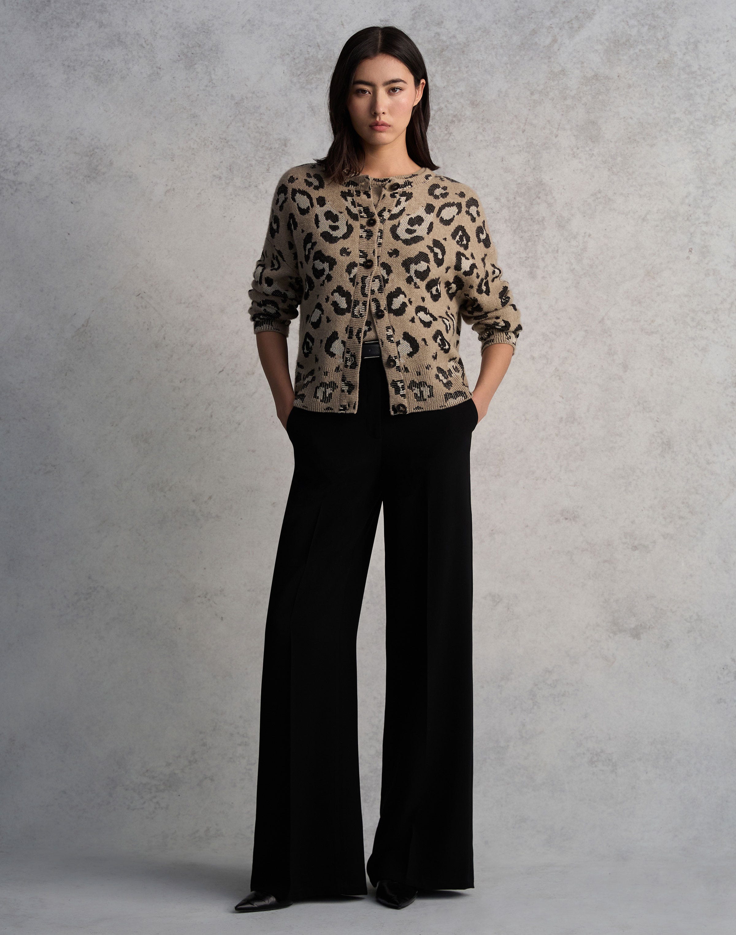 Leopard Jacquard Cashmere-Finespun Voile  Cardigan