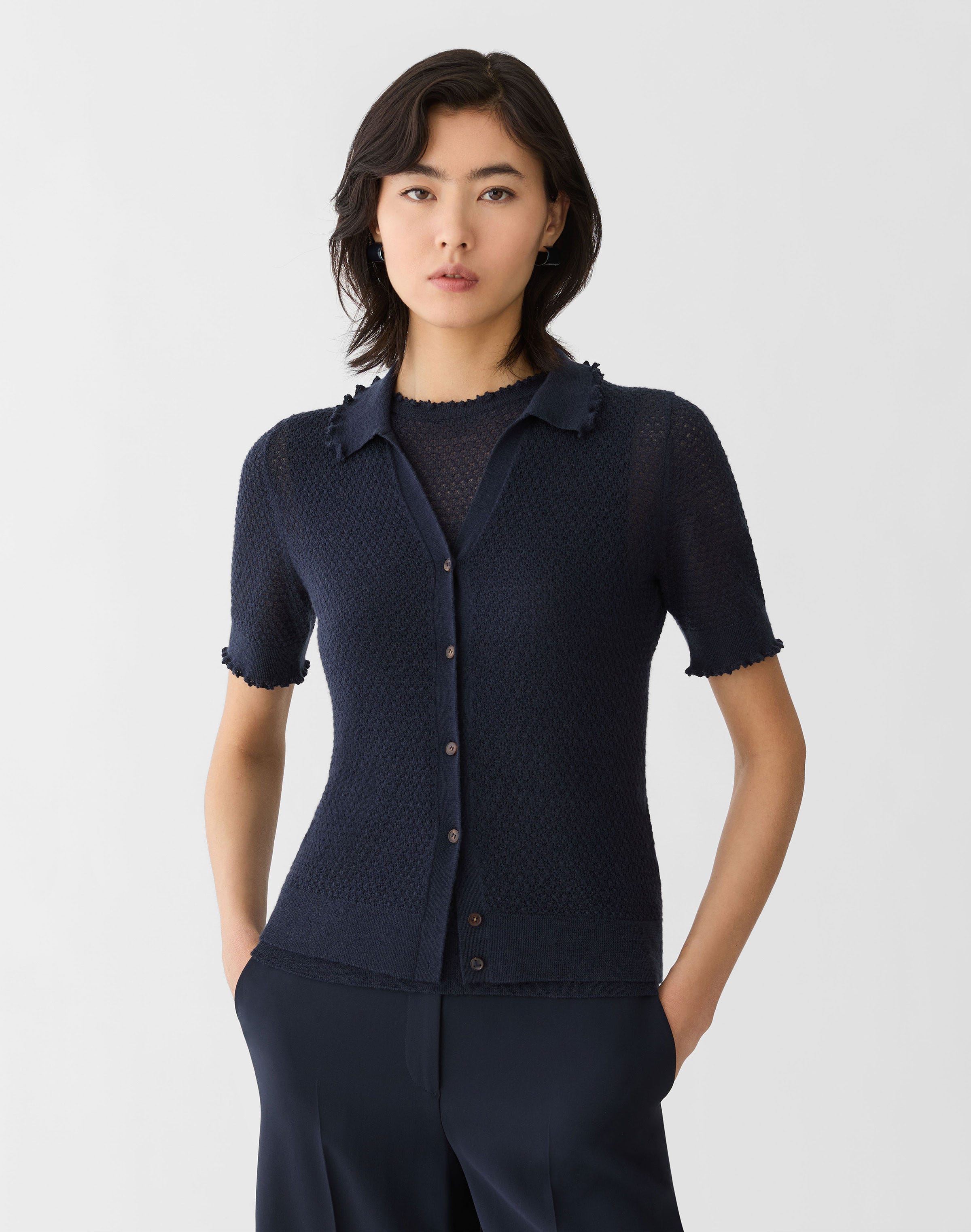 Fine Gauge Cashmere Pointelle Polo Top