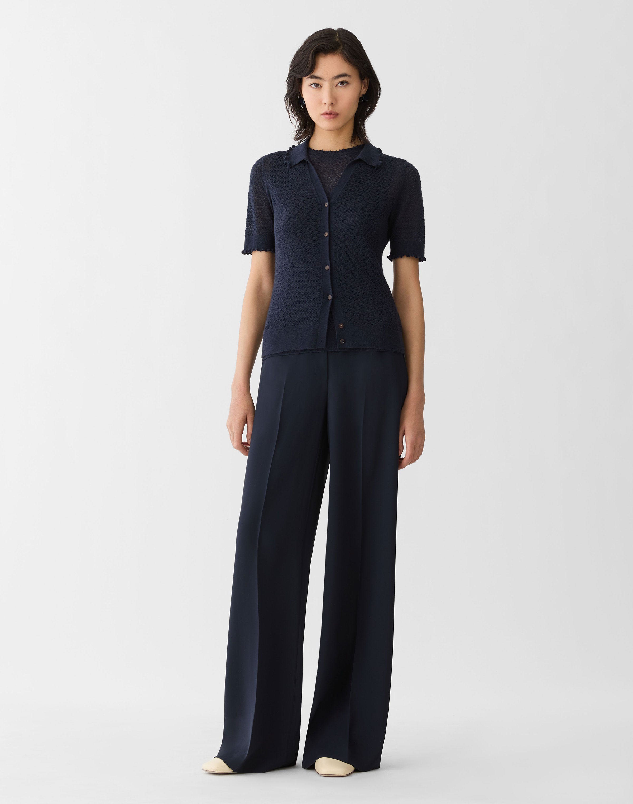 Fine Gauge Cashmere Pointelle Polo Top