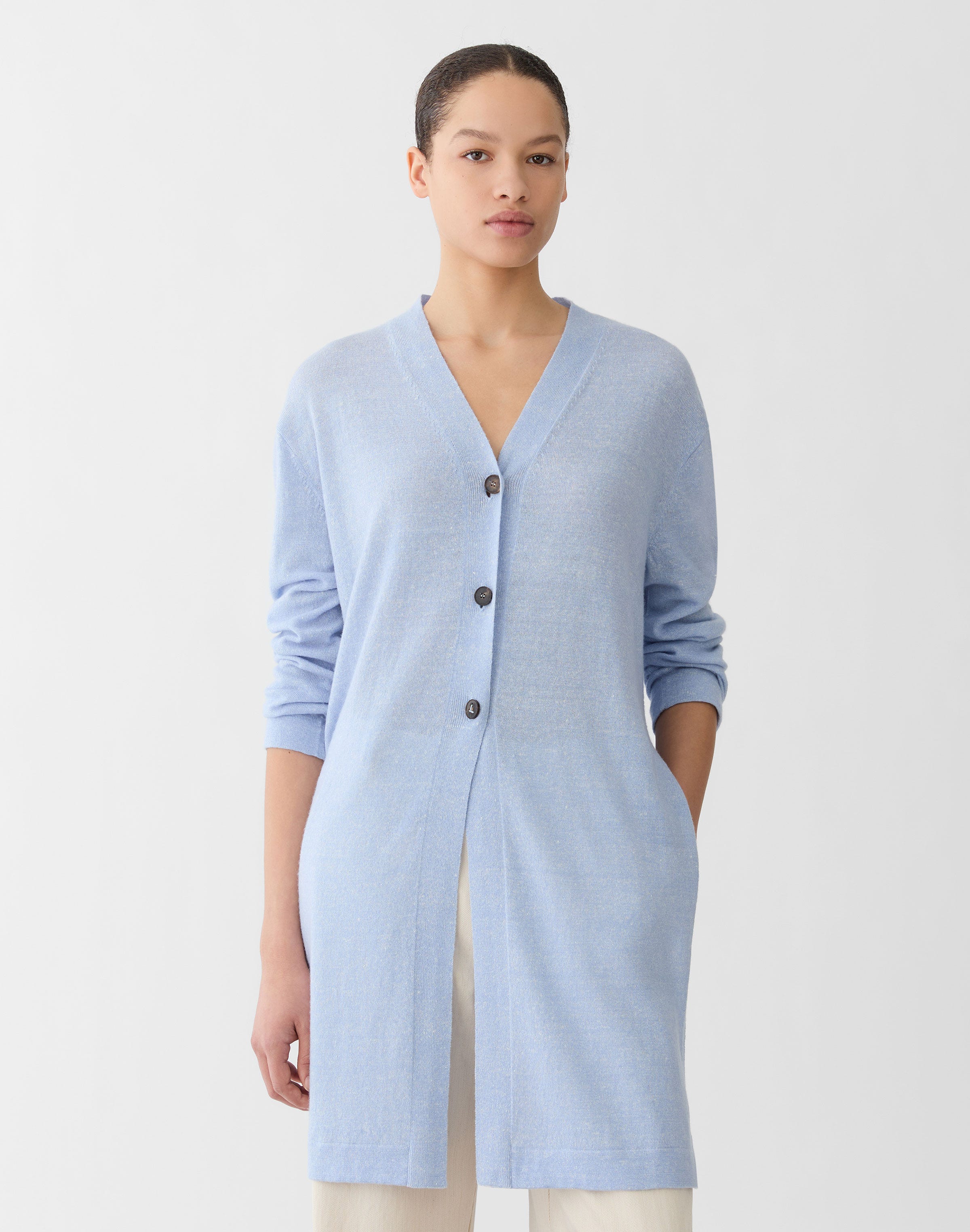 Plus-Size Cashmere-Linen Side Slit Long Cardigan